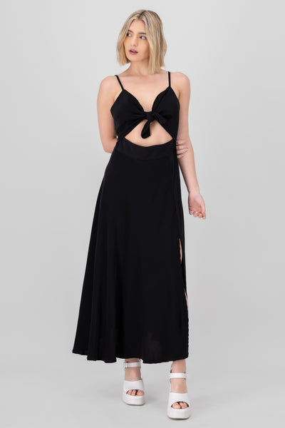 Solid Midi Dress With Neckline Detail BLACK