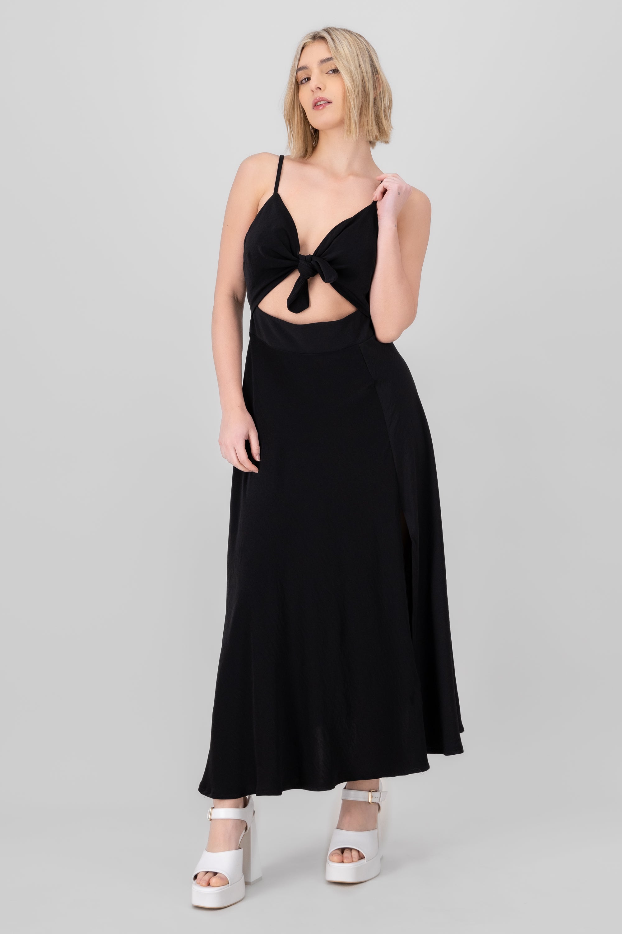 Solid Midi Dress With Neckline Detail BLACK