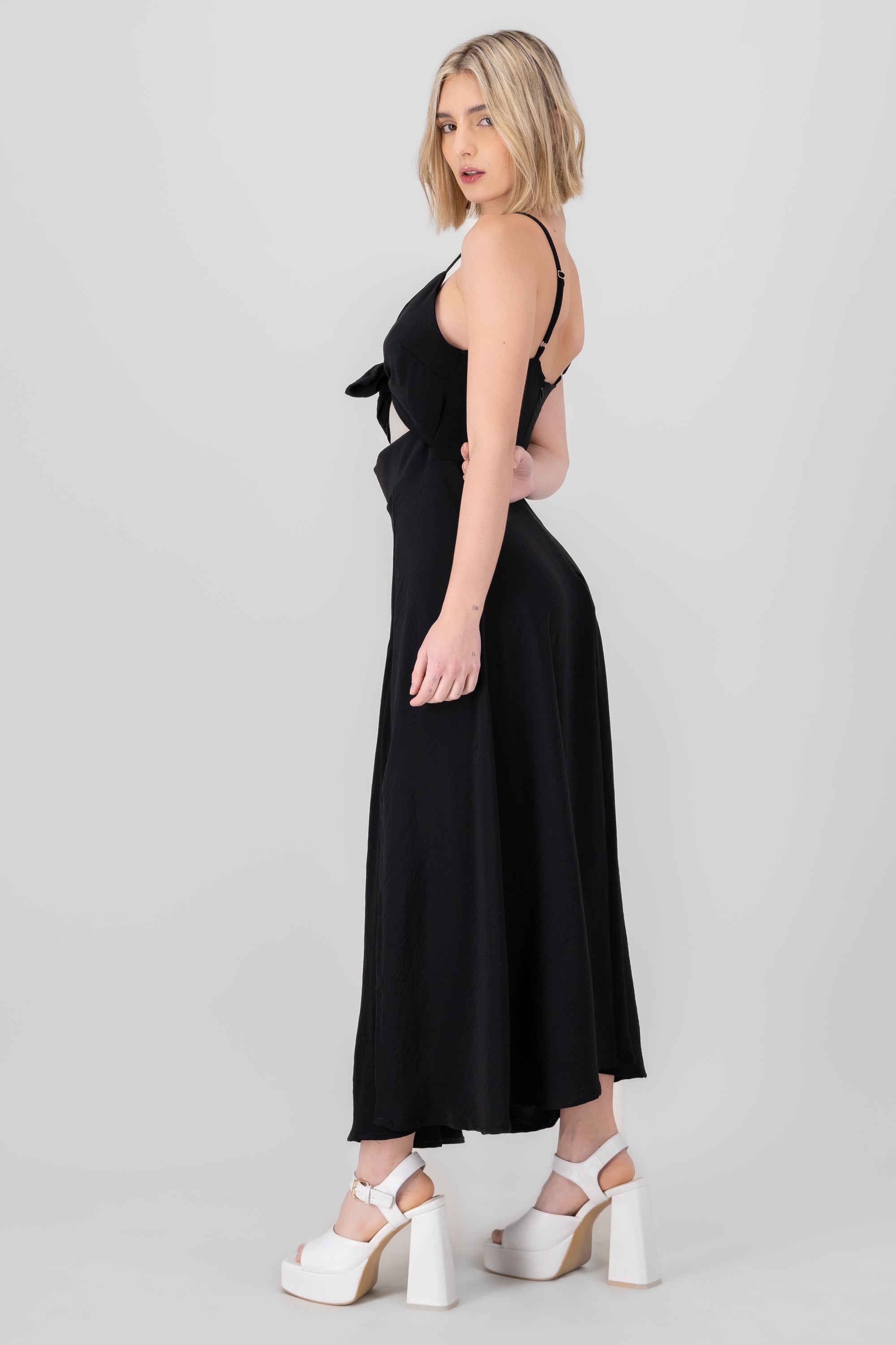 Solid Midi Dress With Neckline Detail BLACK