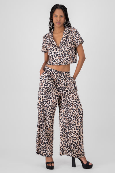 Animal Print Wide Leg Pants BROWN COMBO