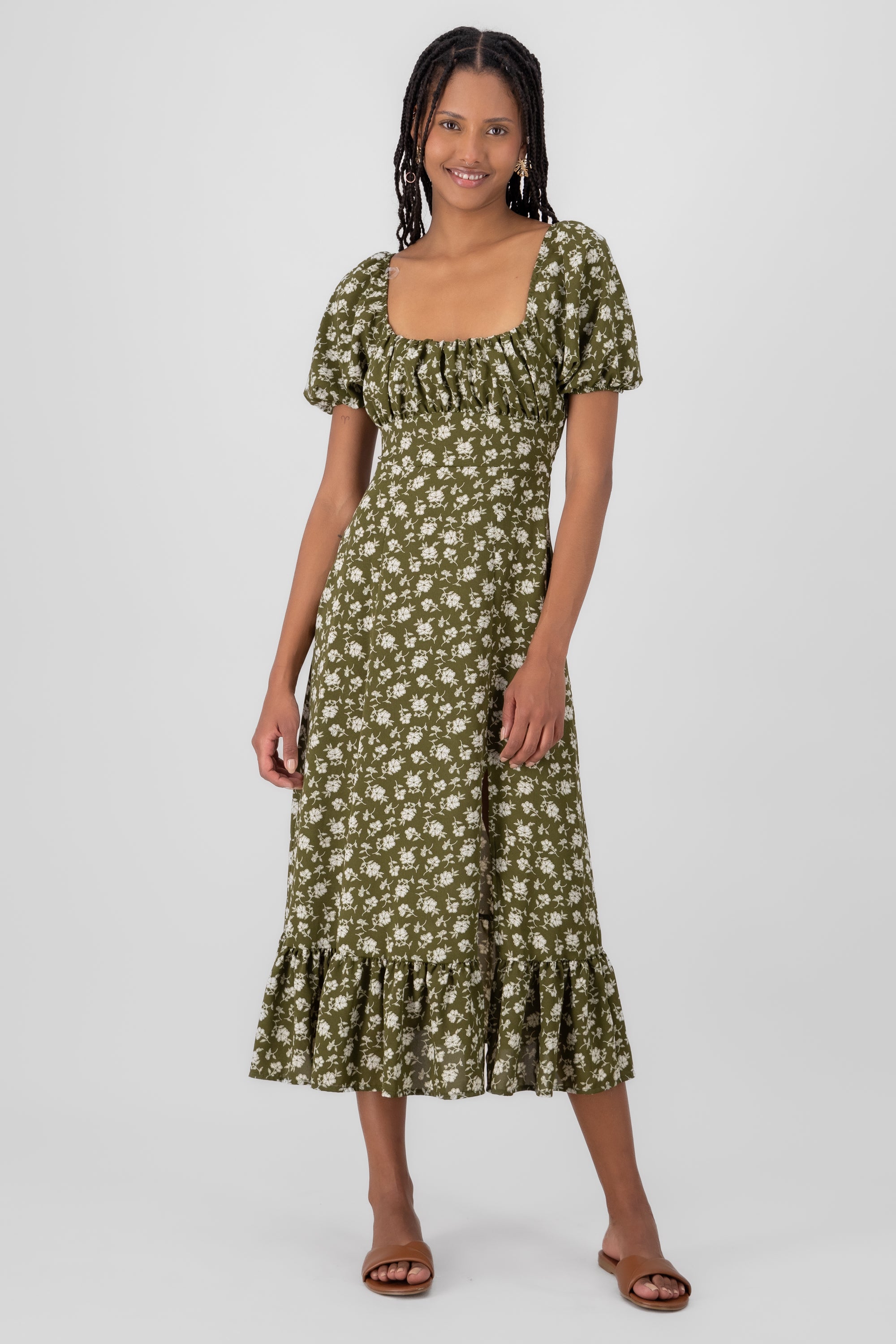 Floral Print Midi Dress OLIVE COMBO