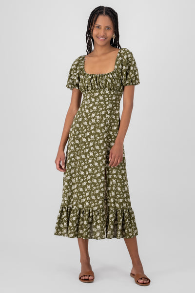 Floral Print Midi Dress OLIVE COMBO