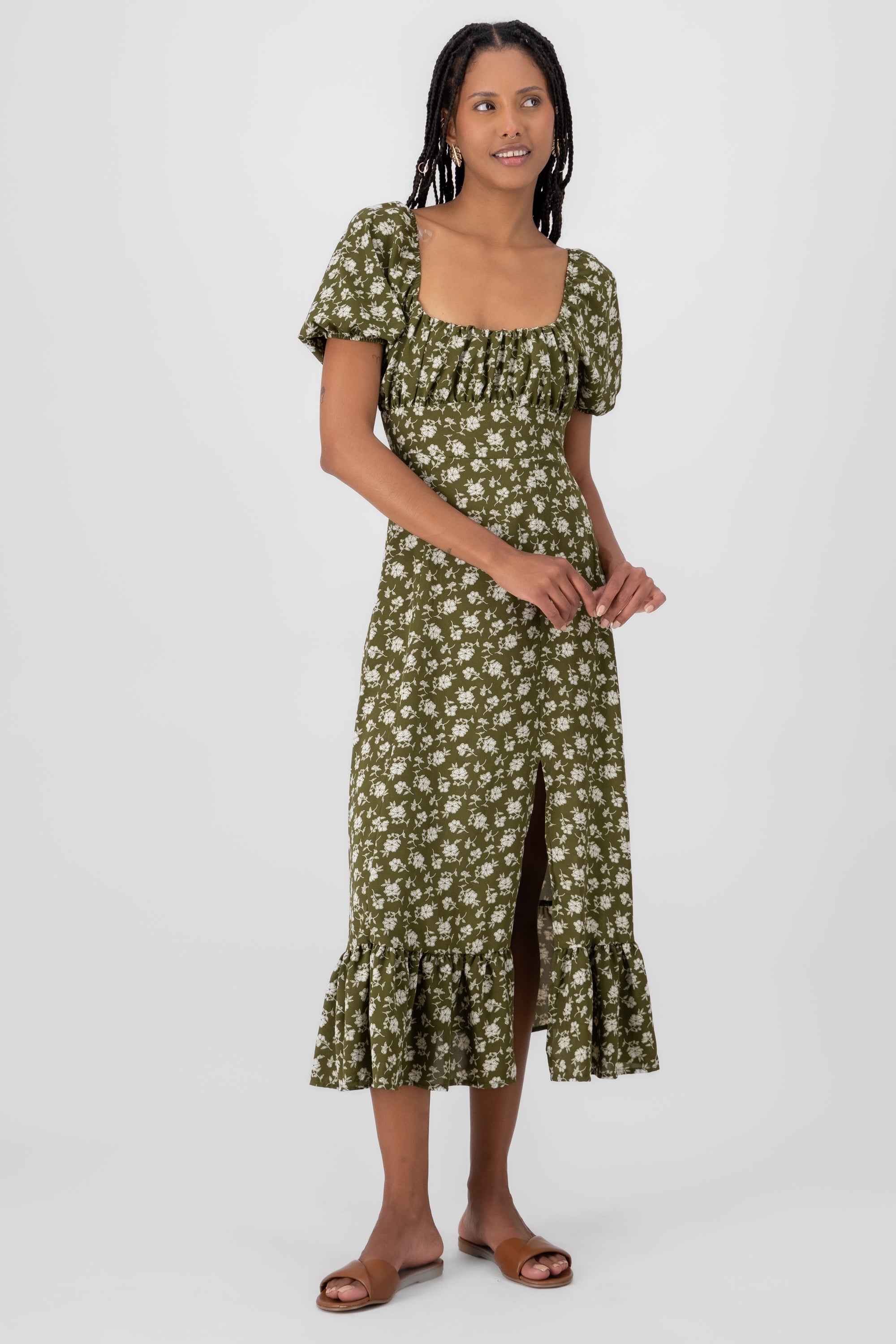 Floral Print Midi Dress OLIVE COMBO