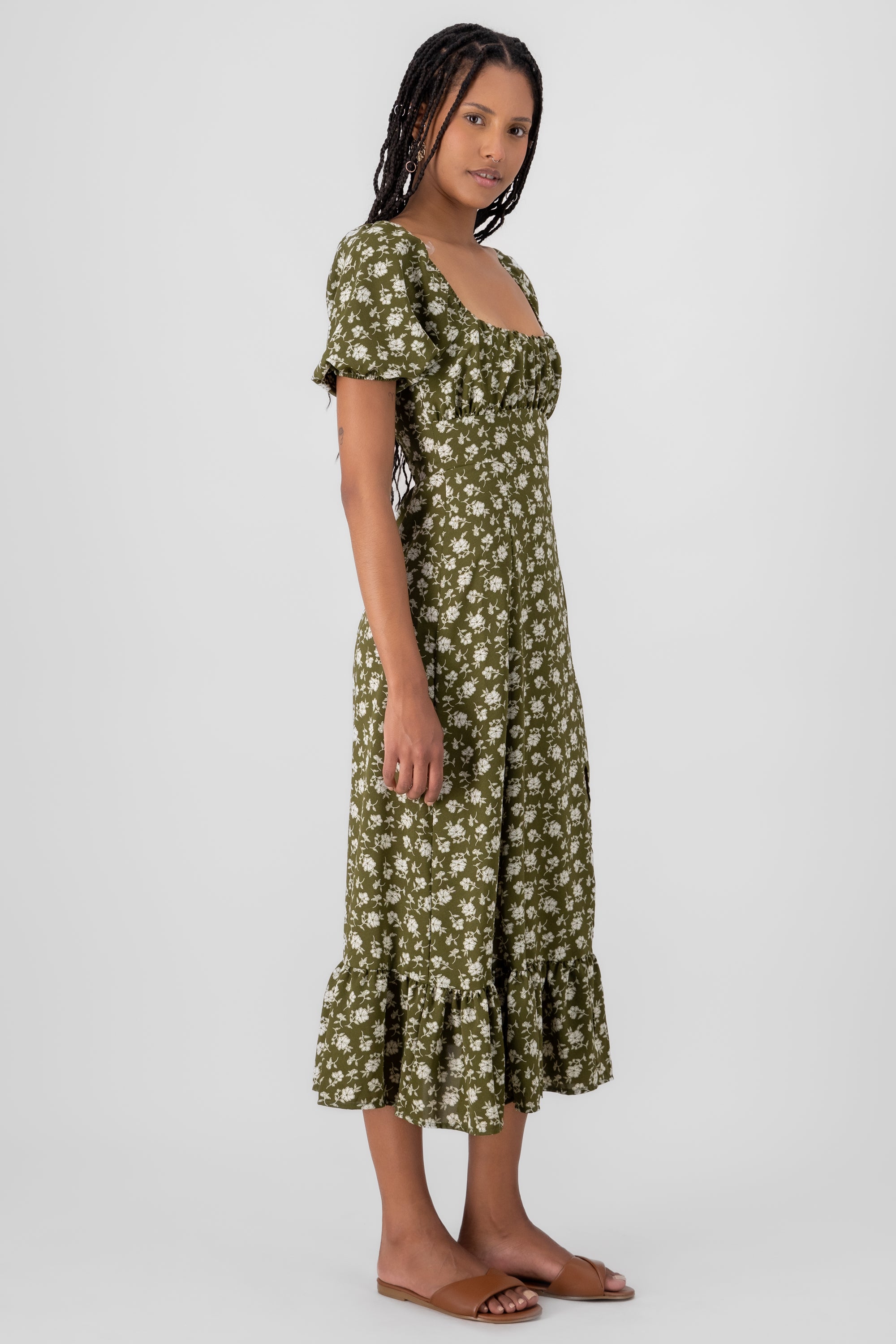 Floral Print Midi Dress OLIVE COMBO