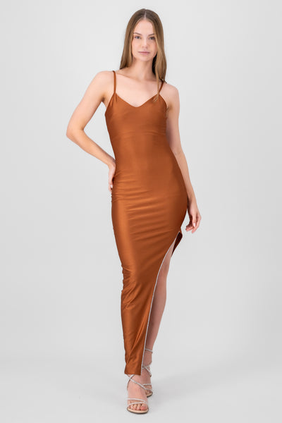 Solid Maxi Dress With a Sparkling Slit BRICK RED