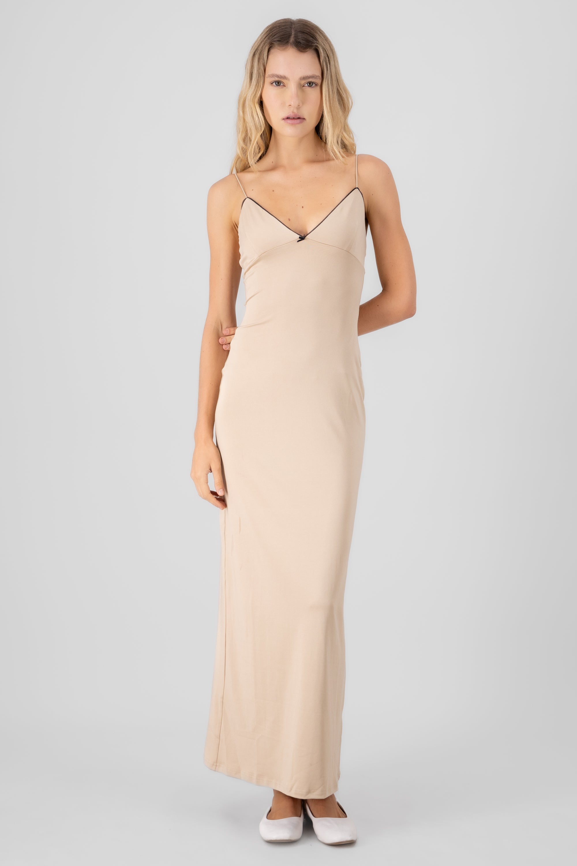 Solid Maxi Dress with Bow Detail KHAKI