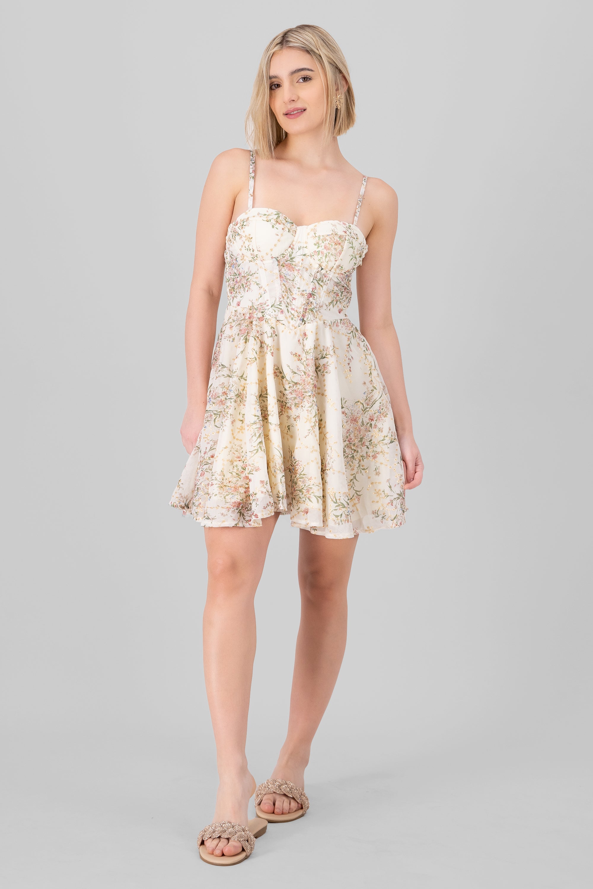 Floral Corset Mini Dress BONE COMBO