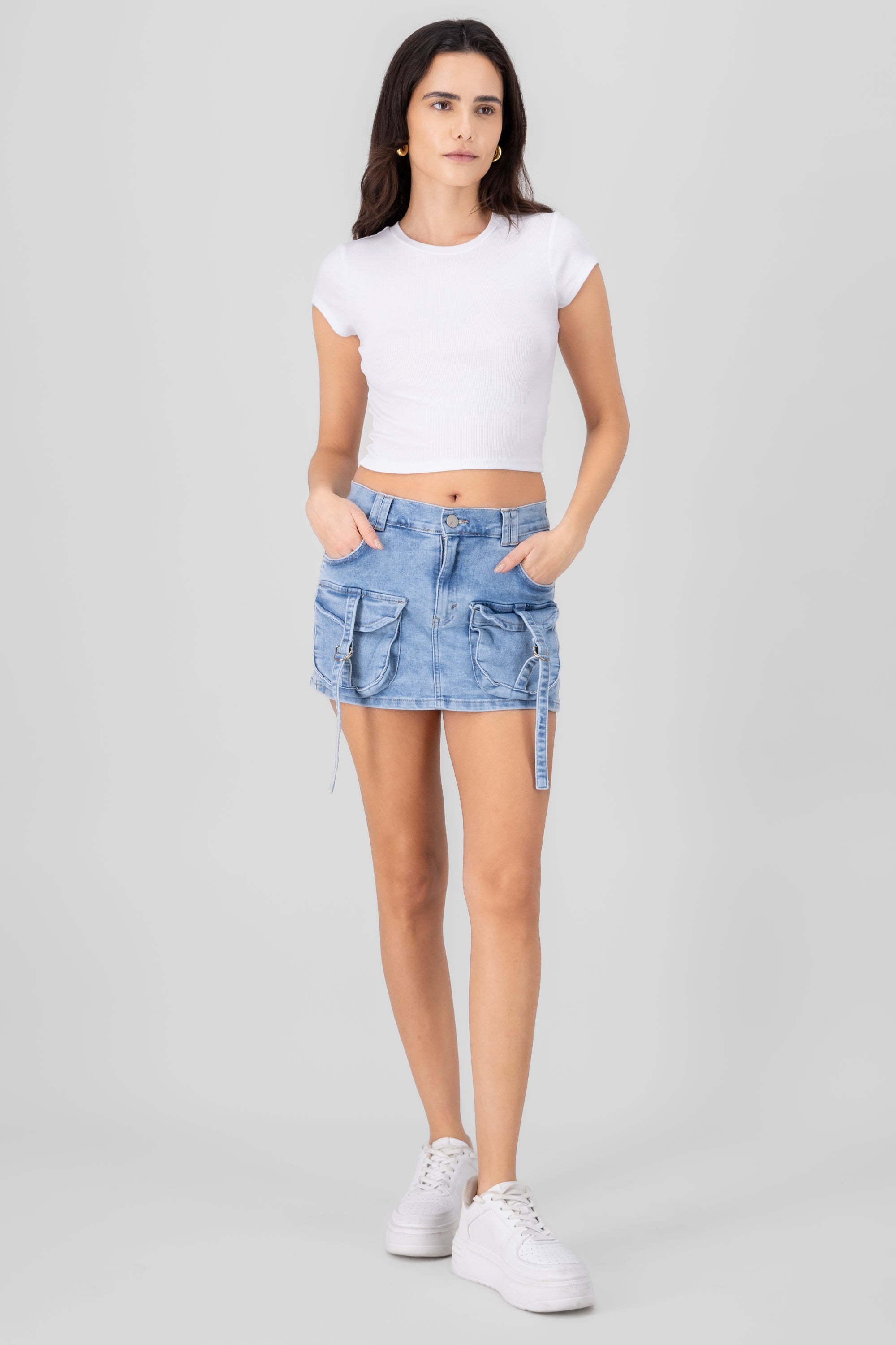 Cargo Skort With 2 Pockets And Drawstrings LIGHT ACID WASH