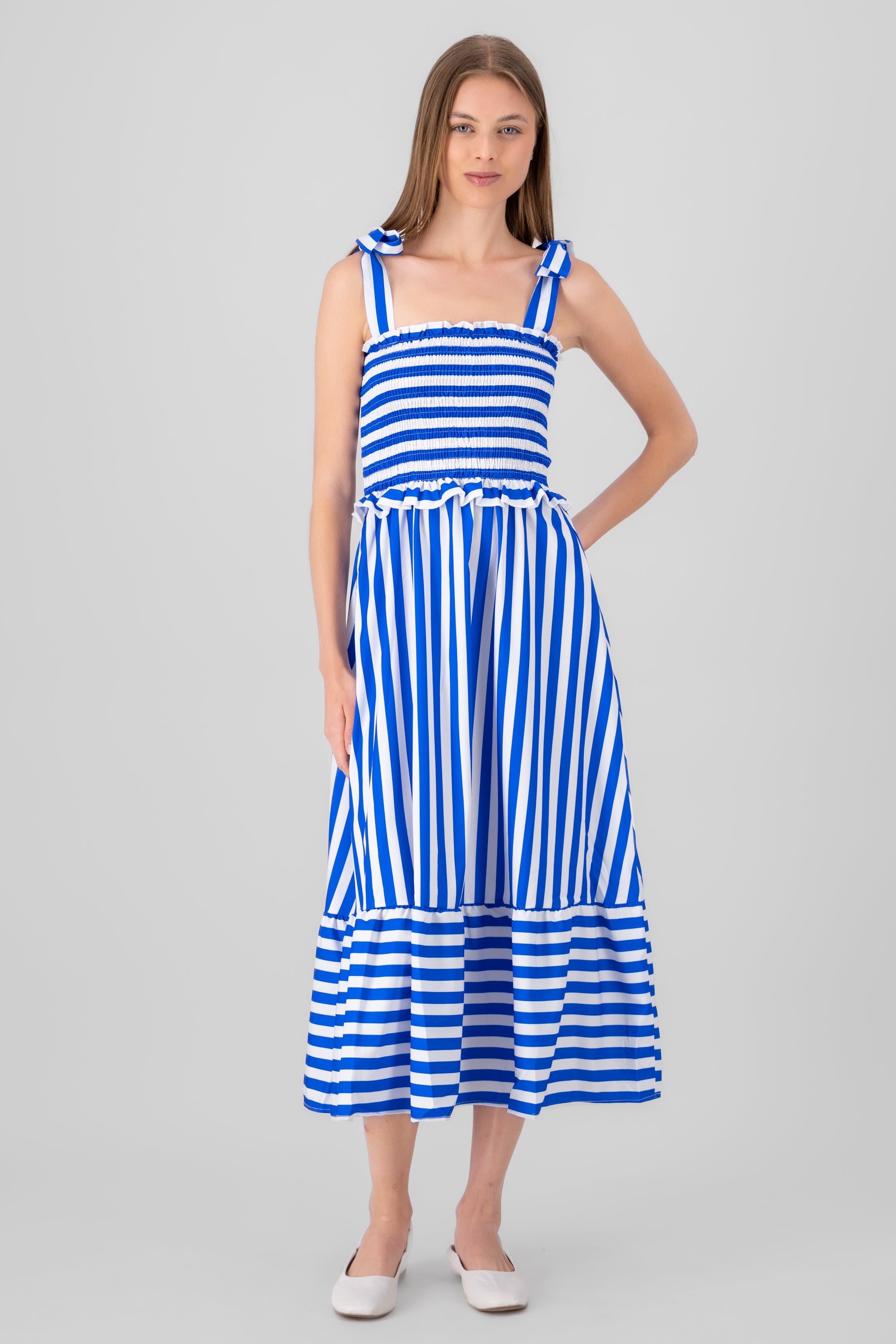 Striped Smocked Maxi Dress BLUE COMBO