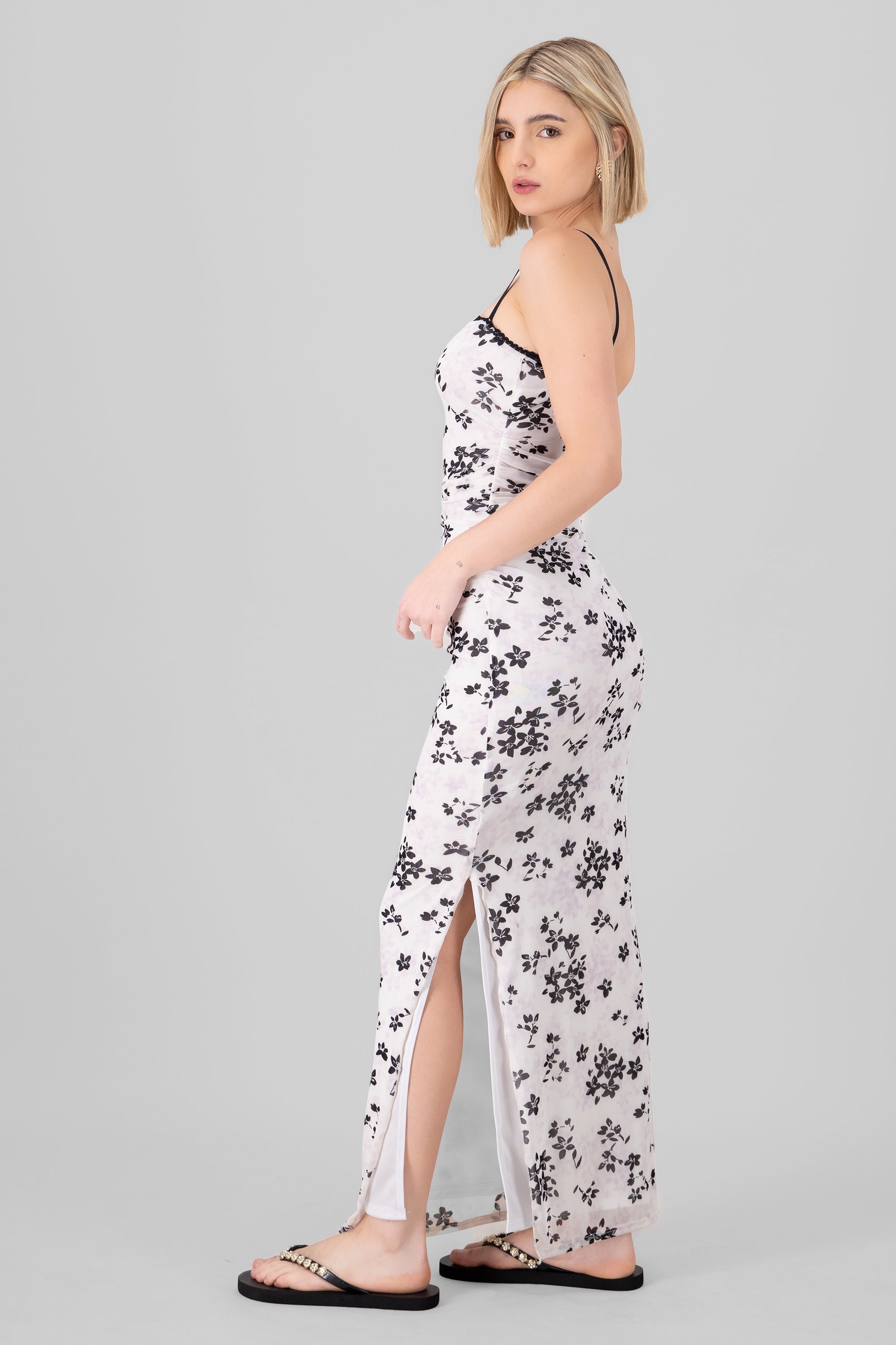 Floral Print Drapped Maxi Dress WHITE COMBO