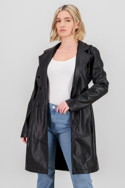 Faux Leather Belted Coat BLACK