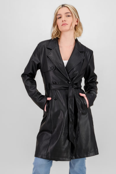 Faux Leather Belted Coat BLACK