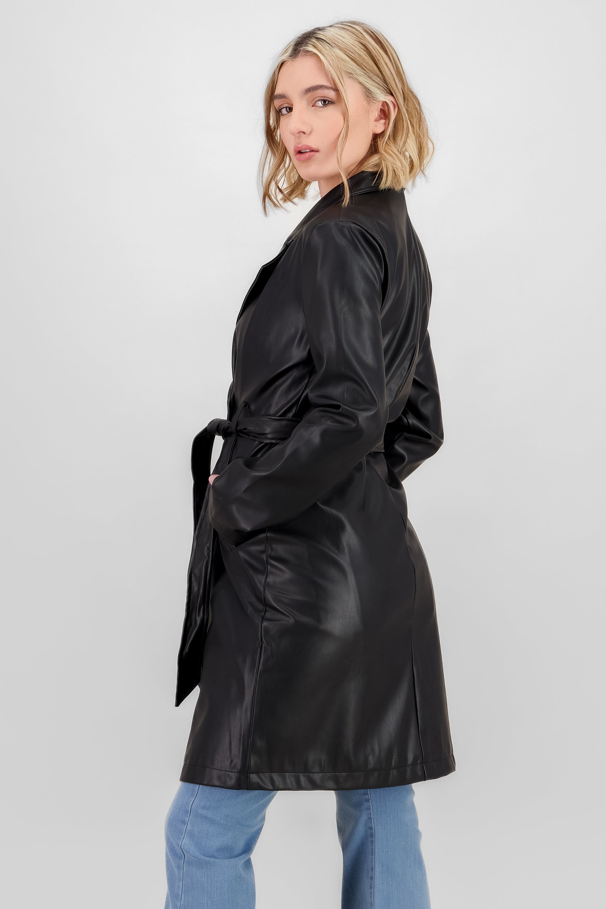 Faux Leather Belted Coat BLACK