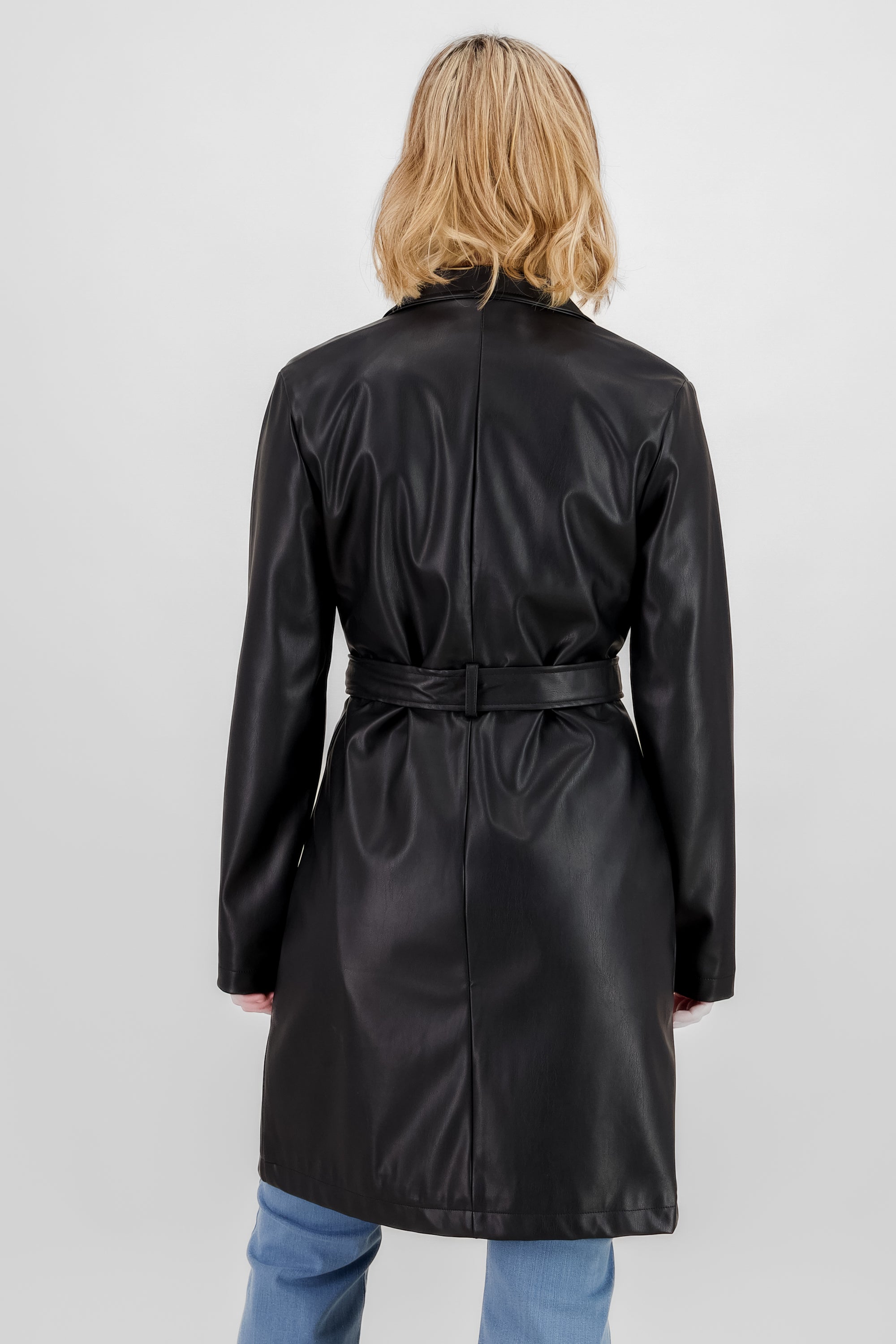 Faux Leather Belted Coat BLACK