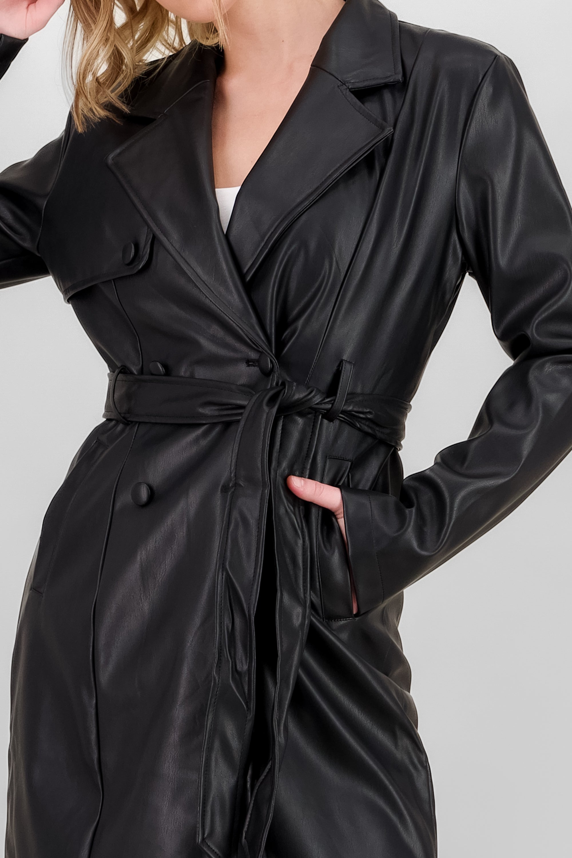 Faux Leather Belted Coat BLACK