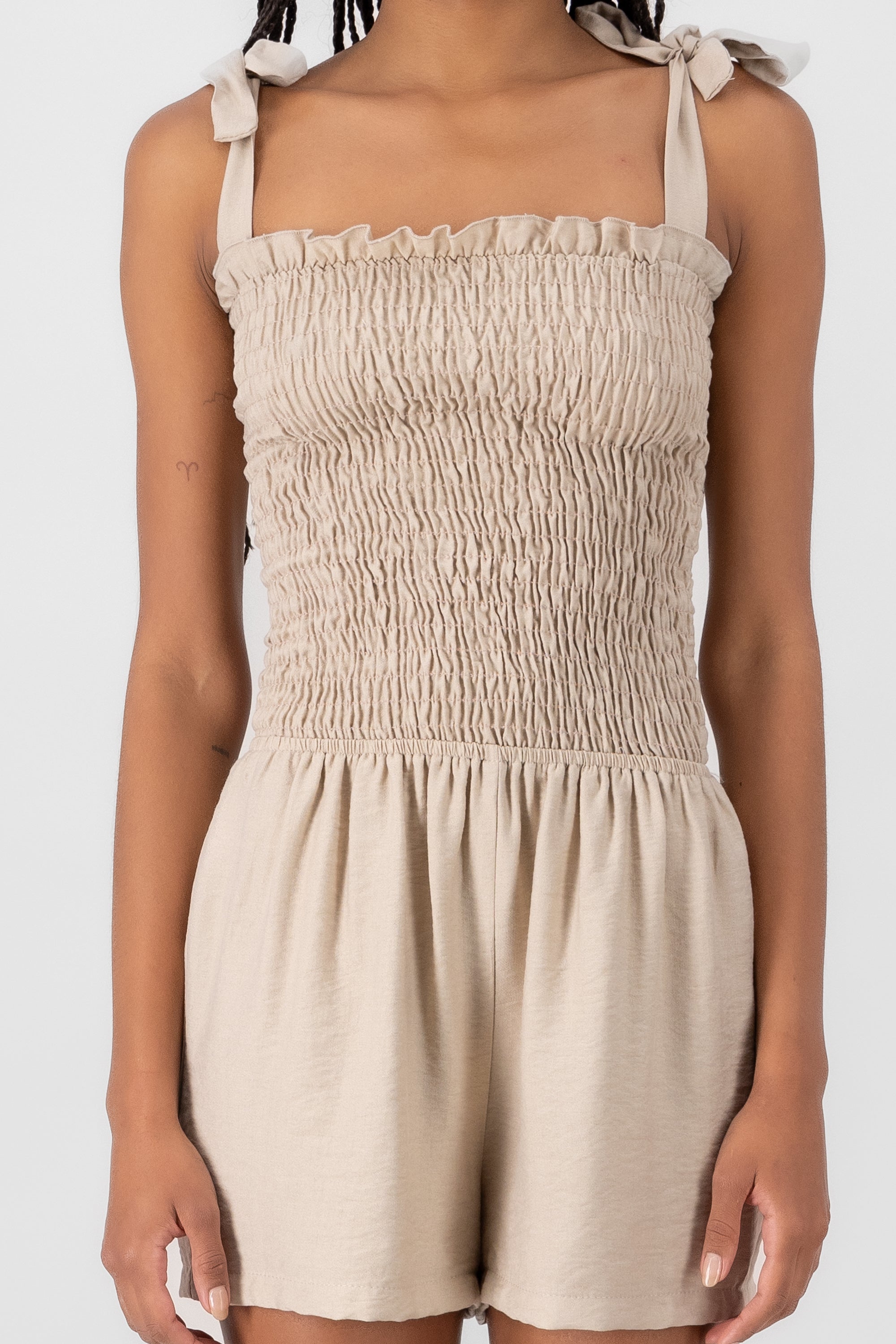 Strappy Romper With Smocked Detail BEIGE