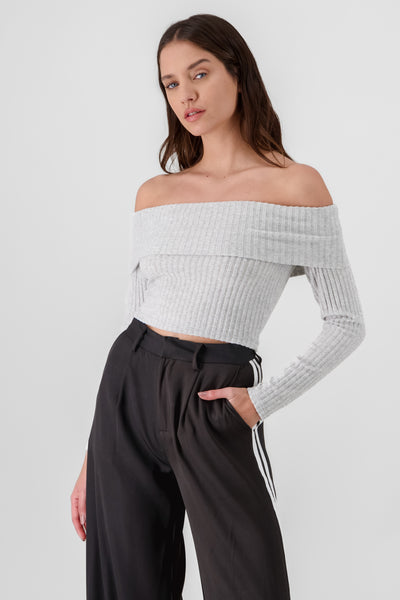 Off Shoulder Ribbed Top LIGHT GRAY