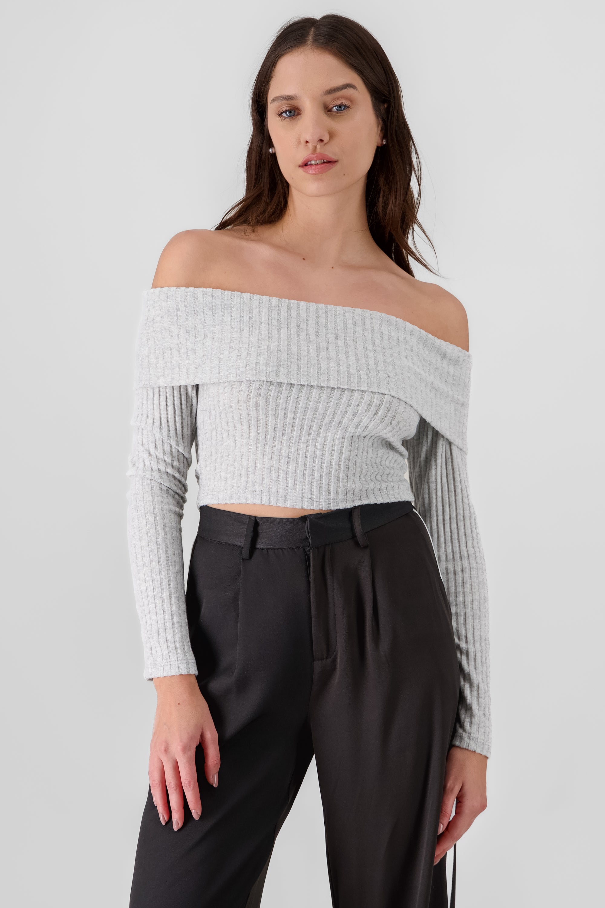 Off Shoulder Ribbed Top LIGHT GRAY