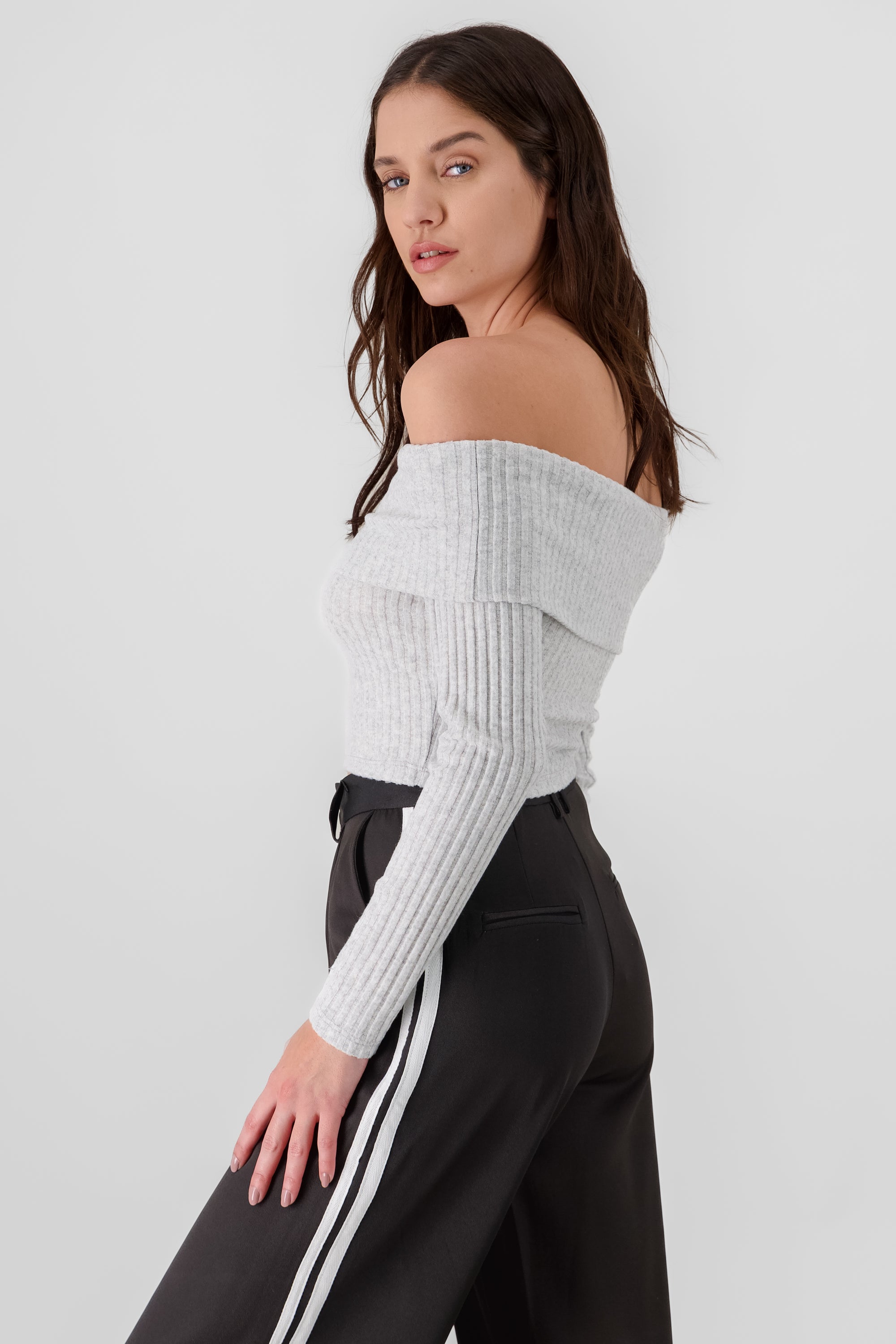 Off Shoulder Ribbed Top LIGHT GRAY