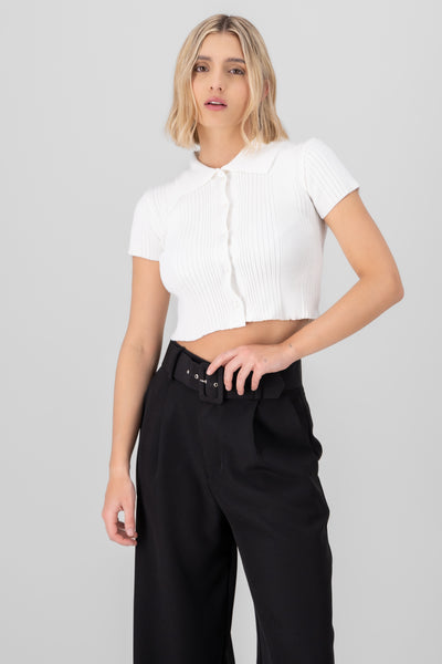 Knit Polo Collar Short Sleeve Top WHITE