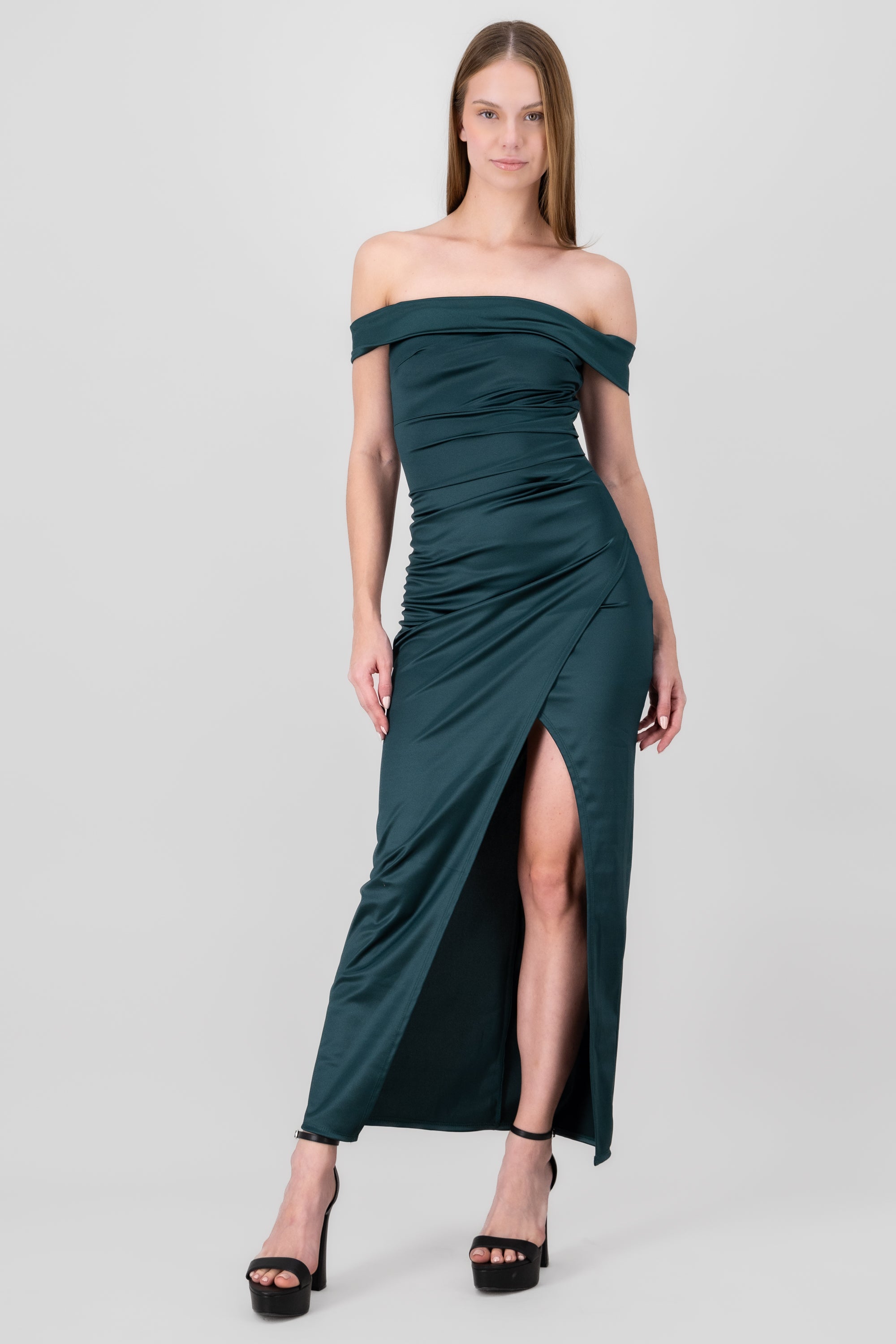 Off Shoulder Satin Maxi Dress With Slit HUNTER GREEN