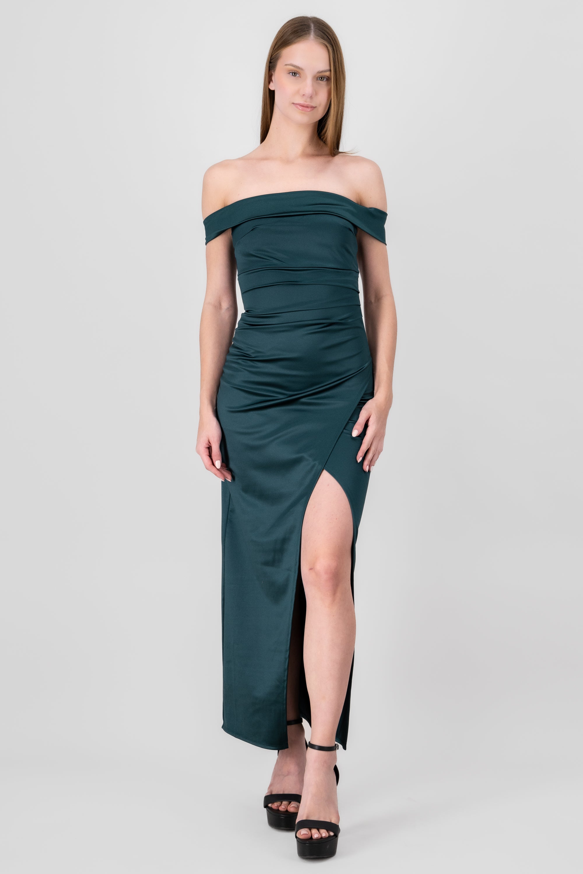 Off Shoulder Satin Maxi Dress With Slit HUNTER GREEN