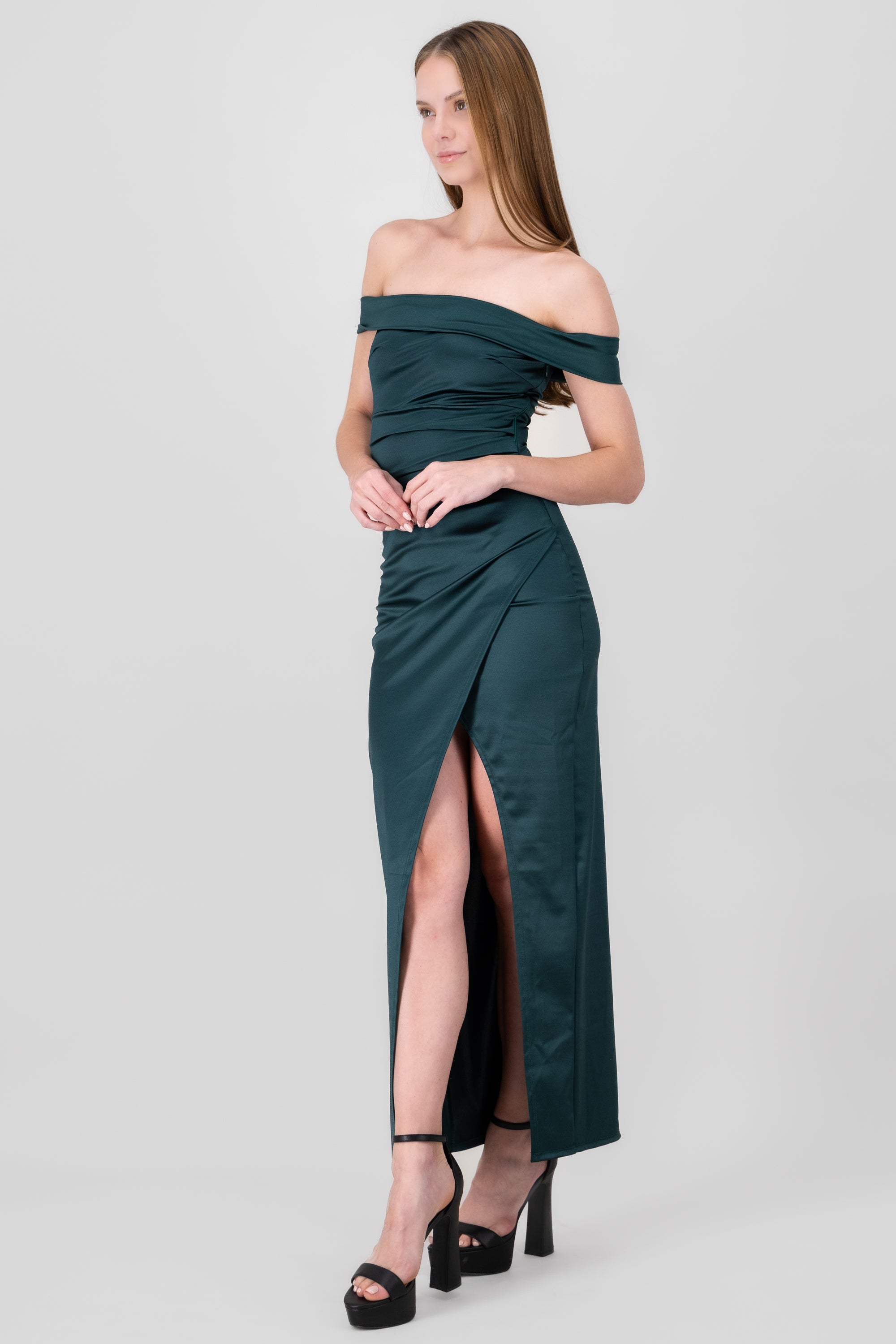 Off Shoulder Satin Maxi Dress With Slit HUNTER GREEN