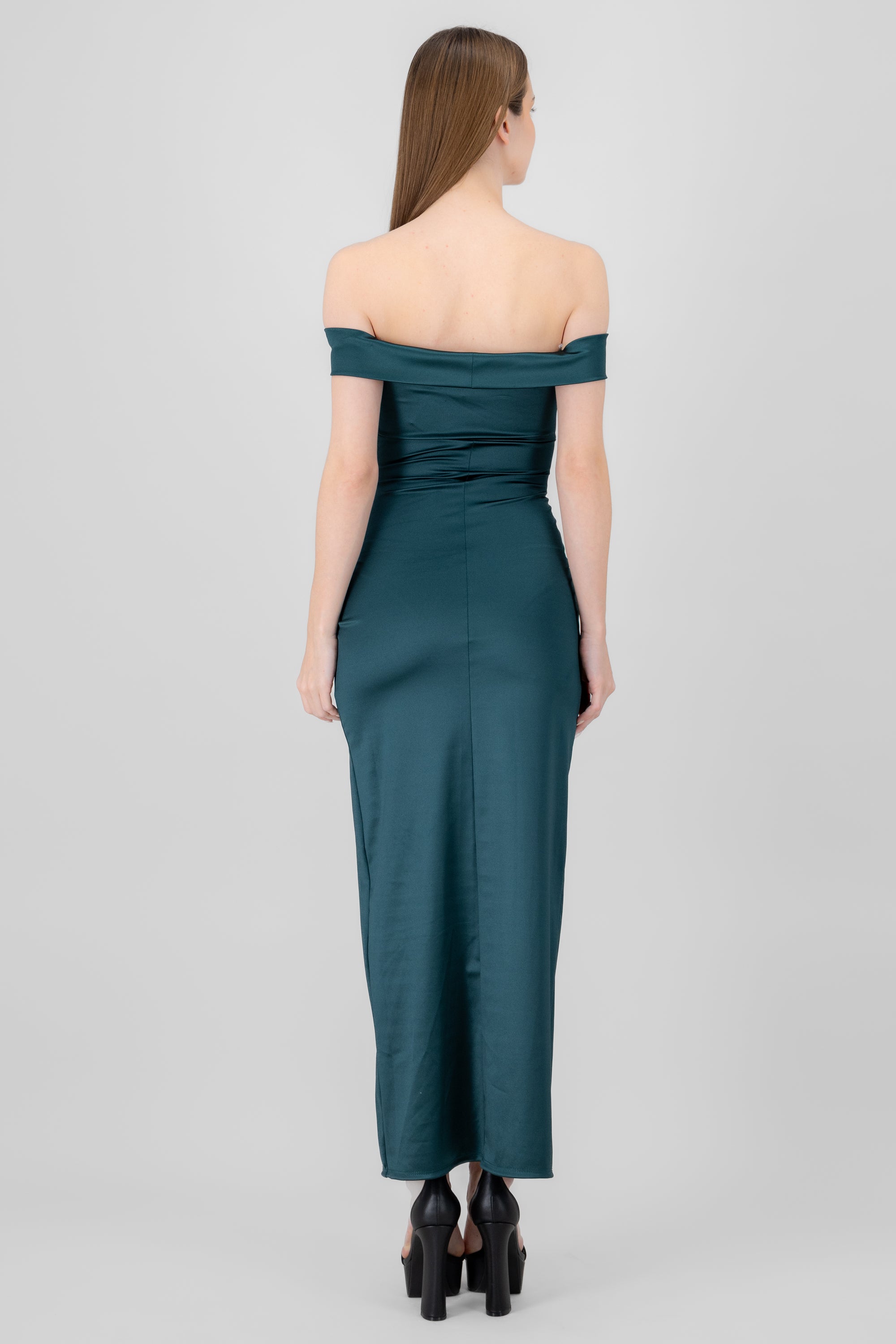 Off Shoulder Satin Maxi Dress With Slit HUNTER GREEN