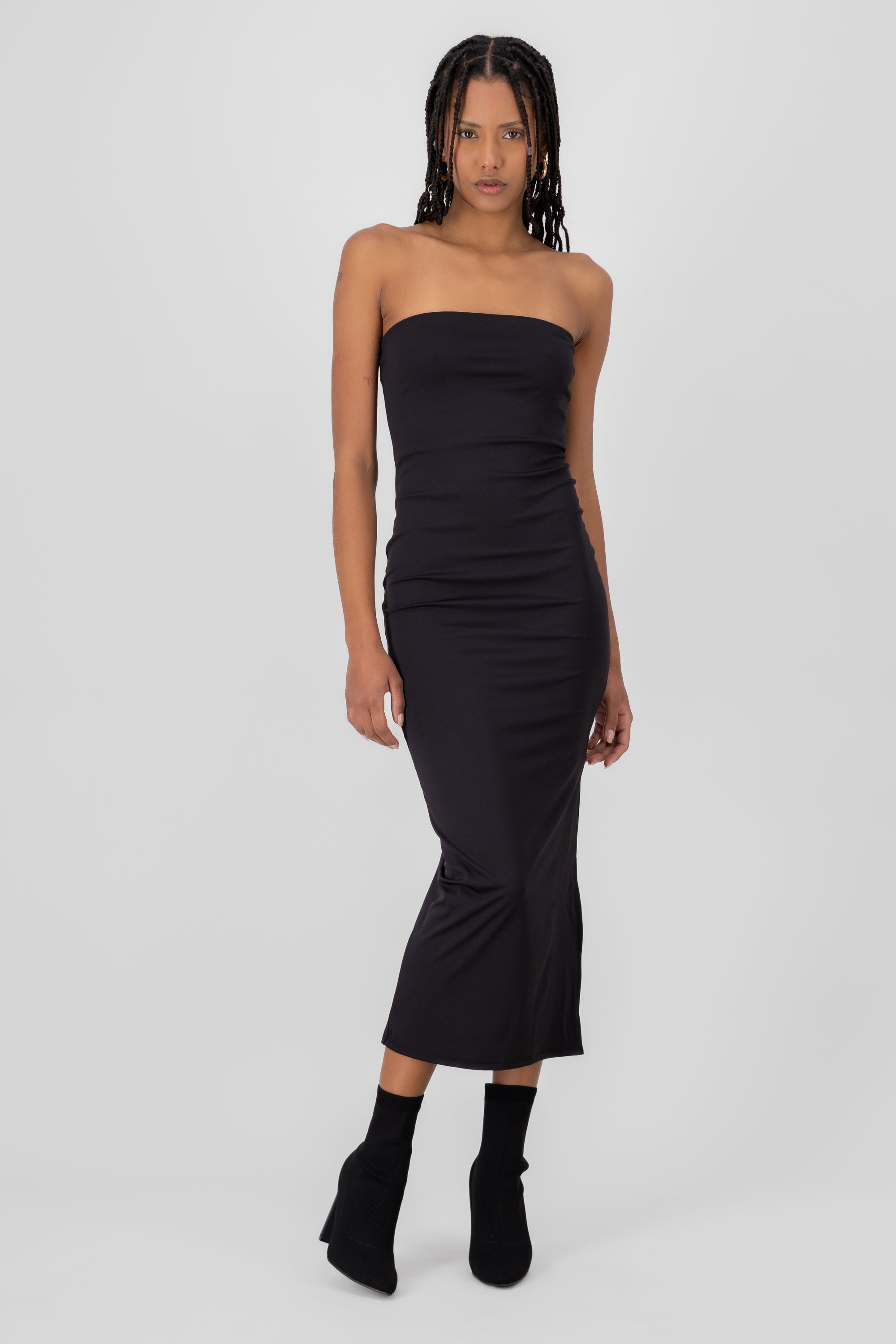 Solid Strapless Midi Dress BLACK