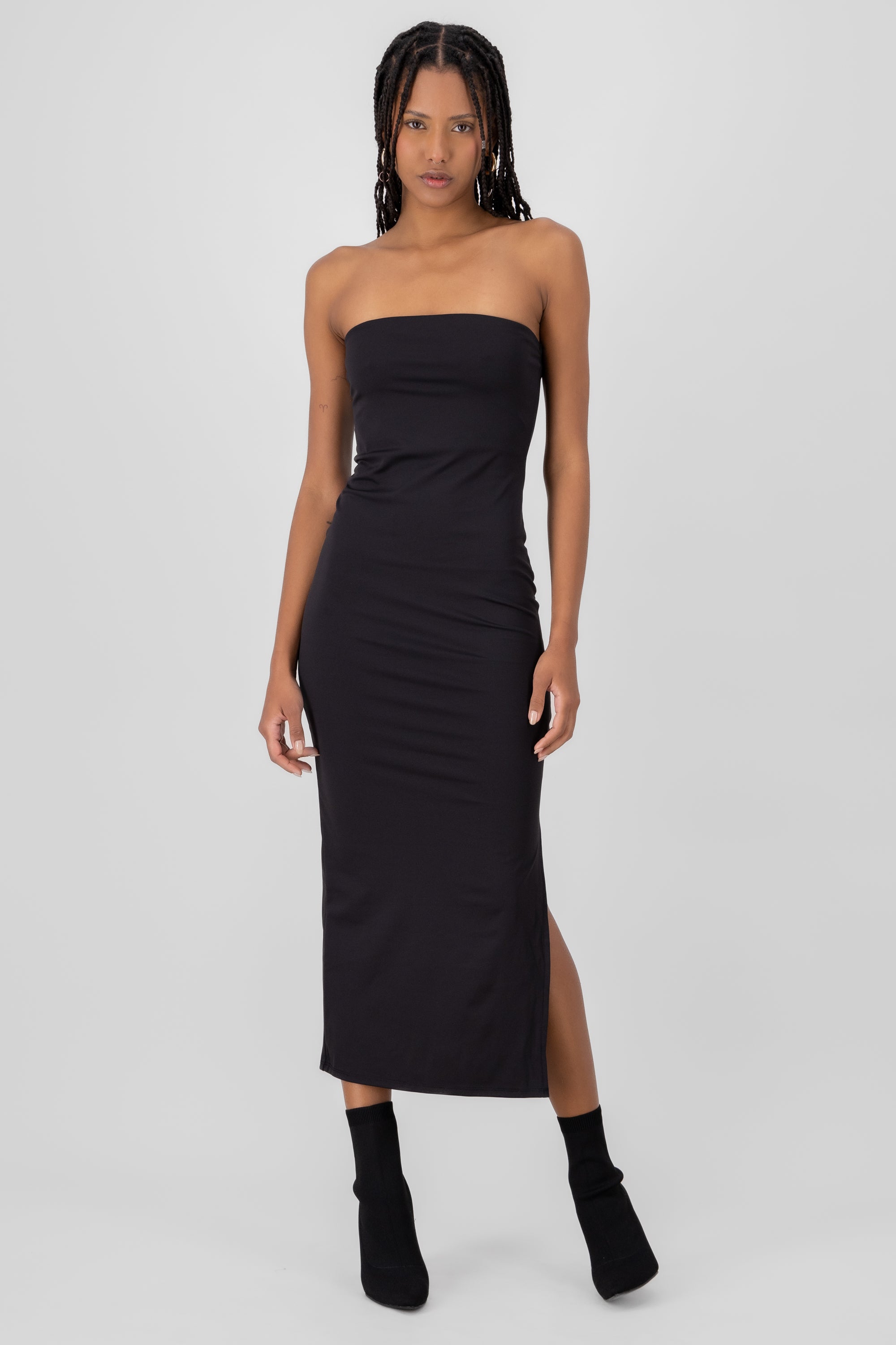 Solid Strapless Midi Dress BLACK