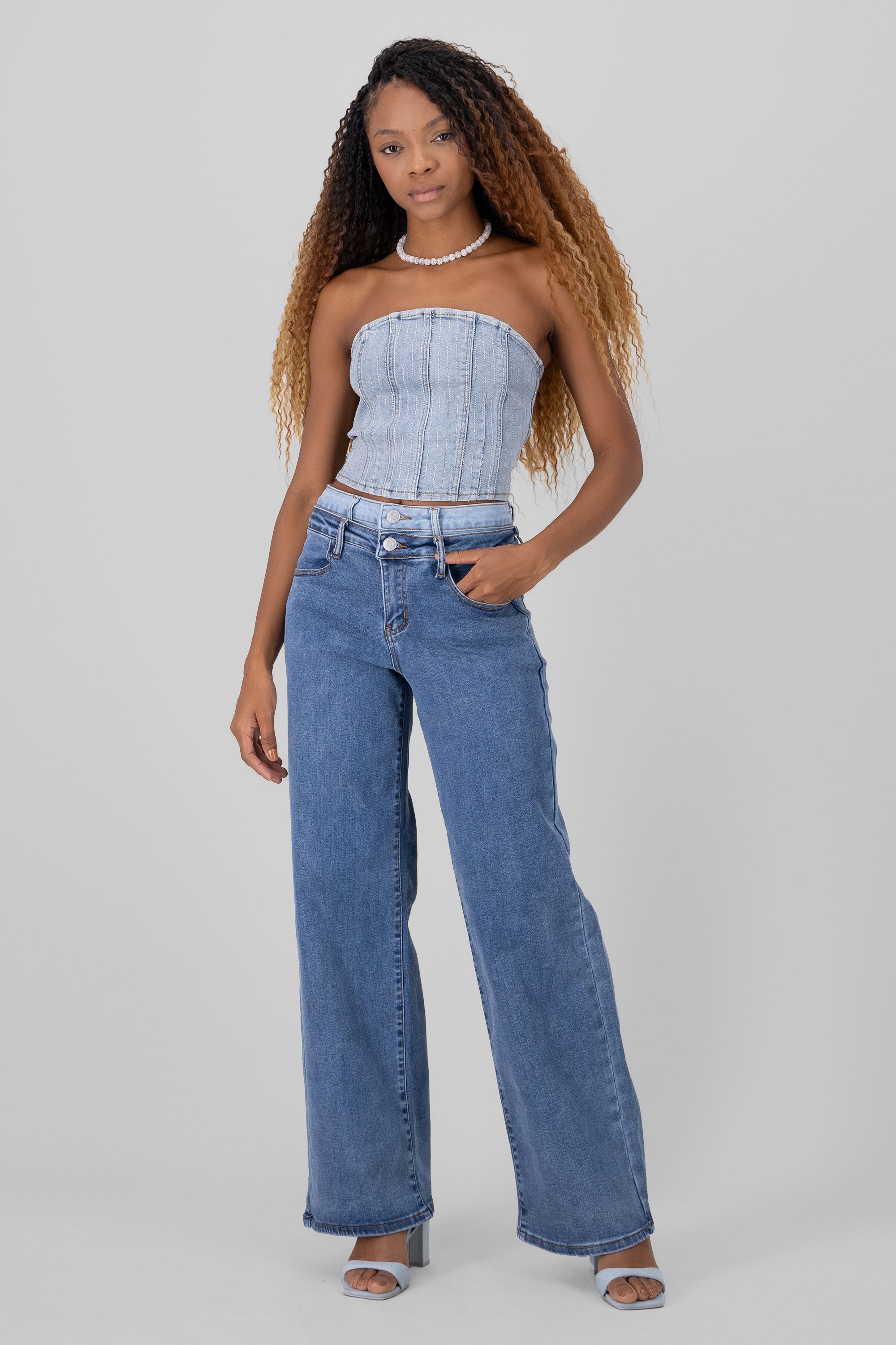 Wide Leg Jeans with Double Waistband MEDIUM WASH