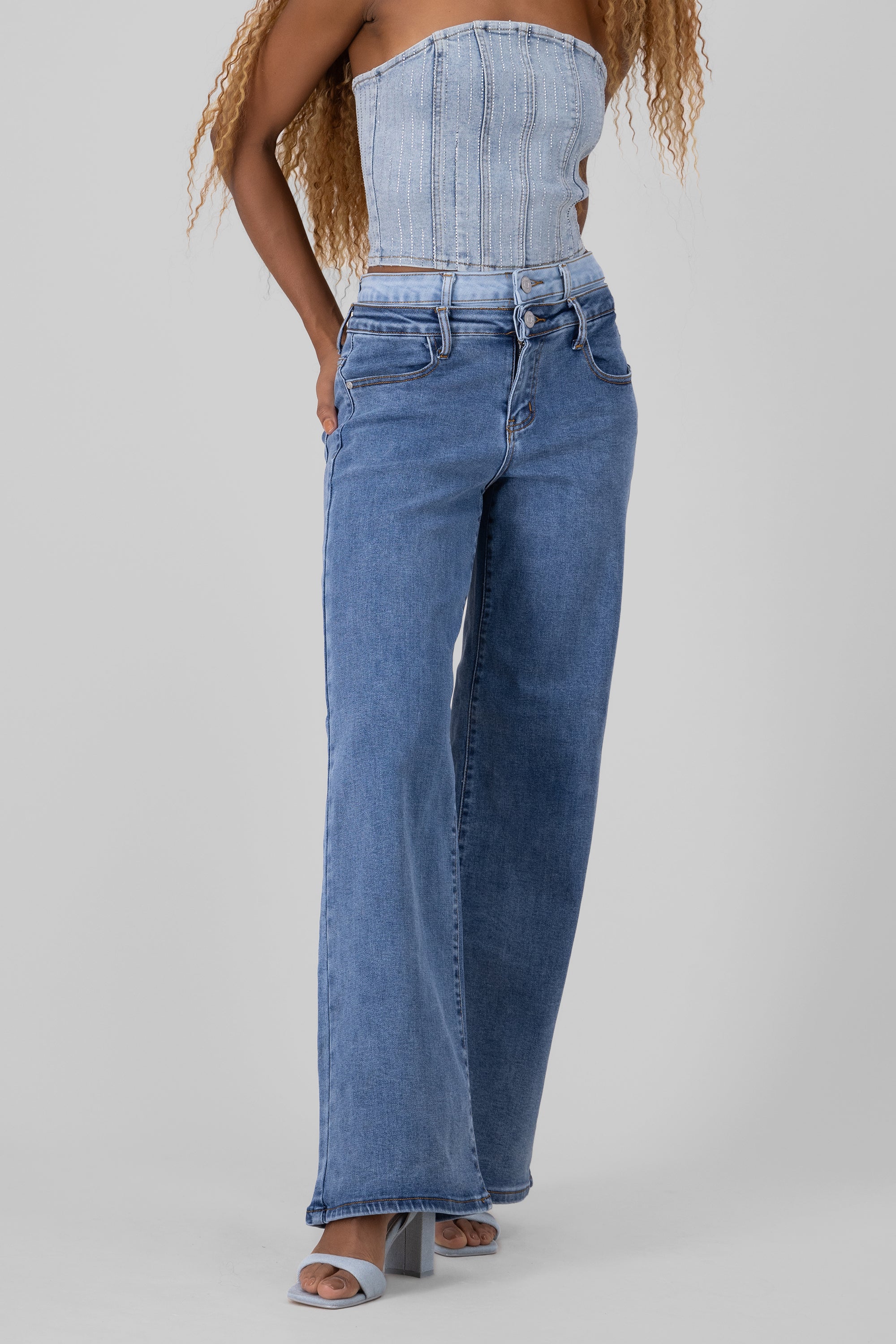 Wide Leg Jeans with Double Waistband MEDIUM WASH