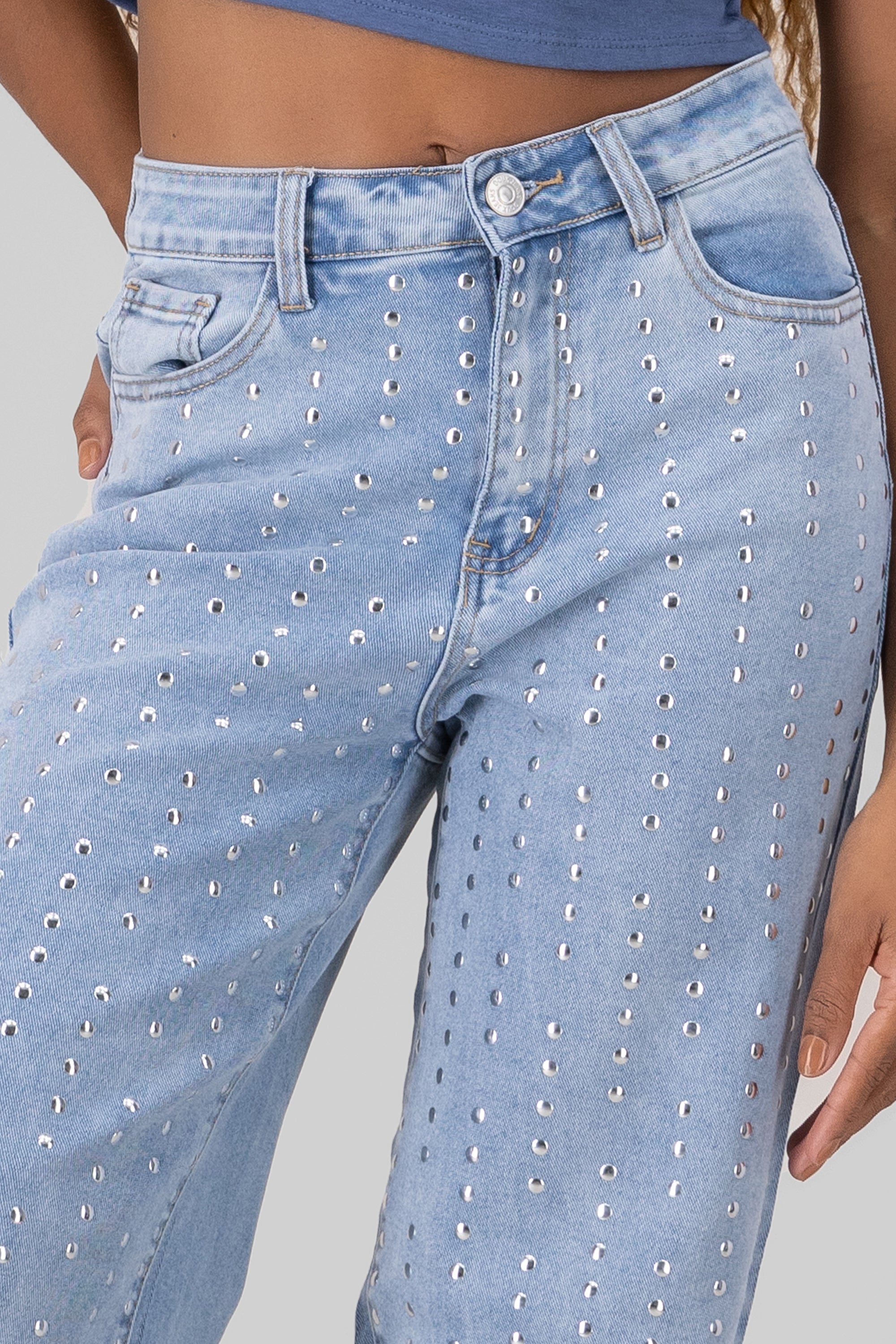 Wide Leg Jeans With Studs LIGHT WASH