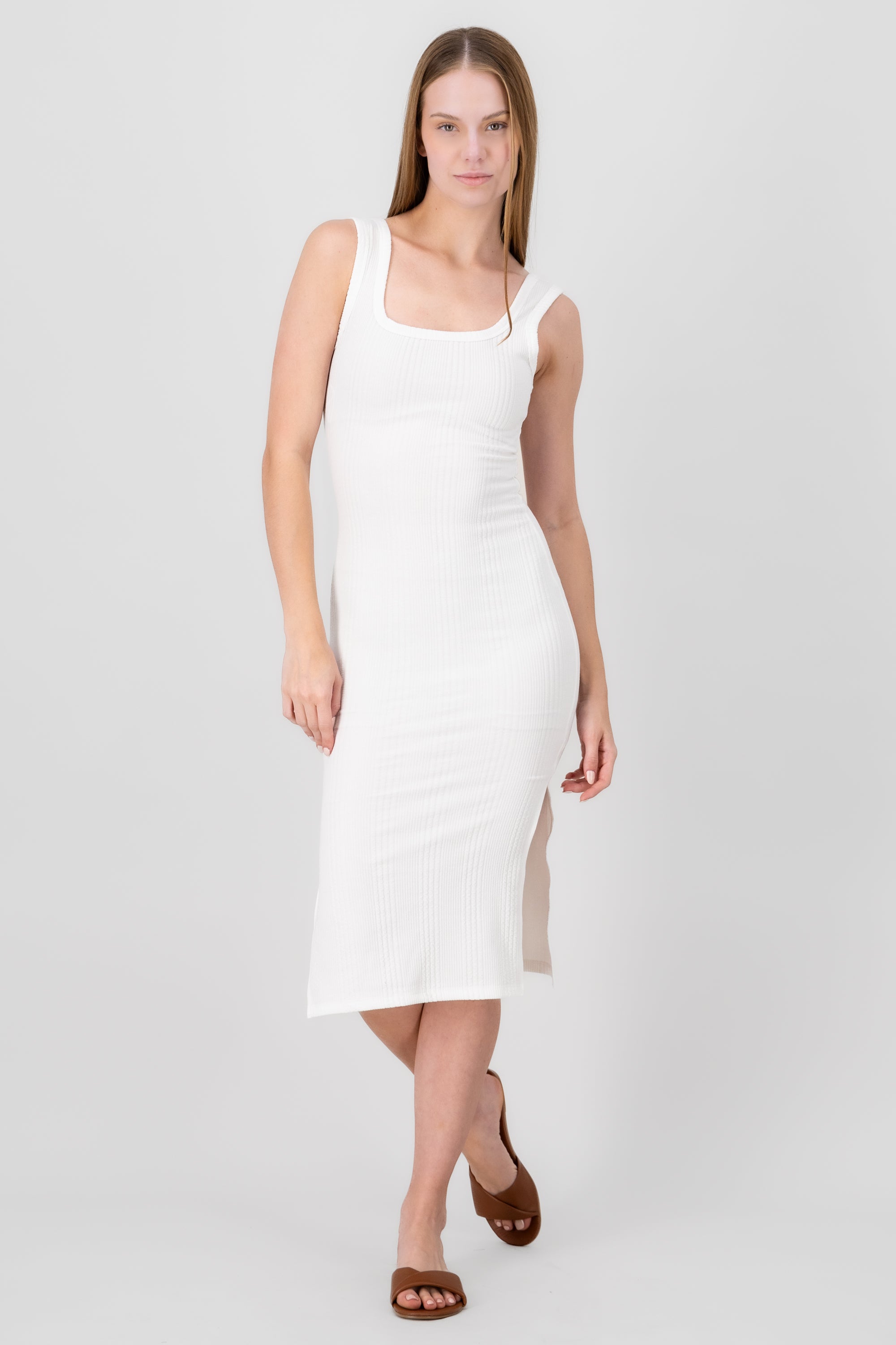 Textured Midi Dress With Straps WHITE