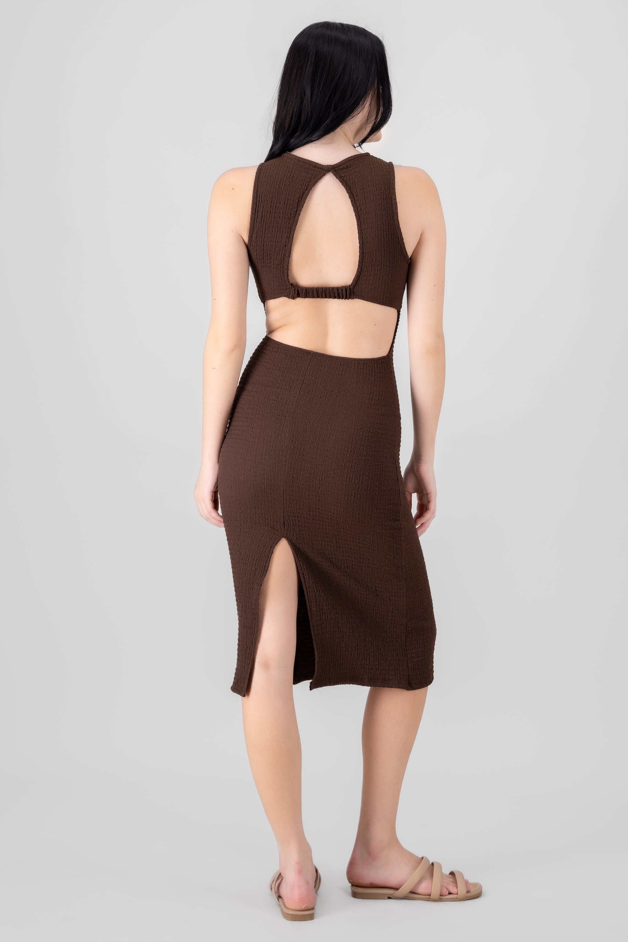 Textured Midi Dress With Open Back CHOCOLATE