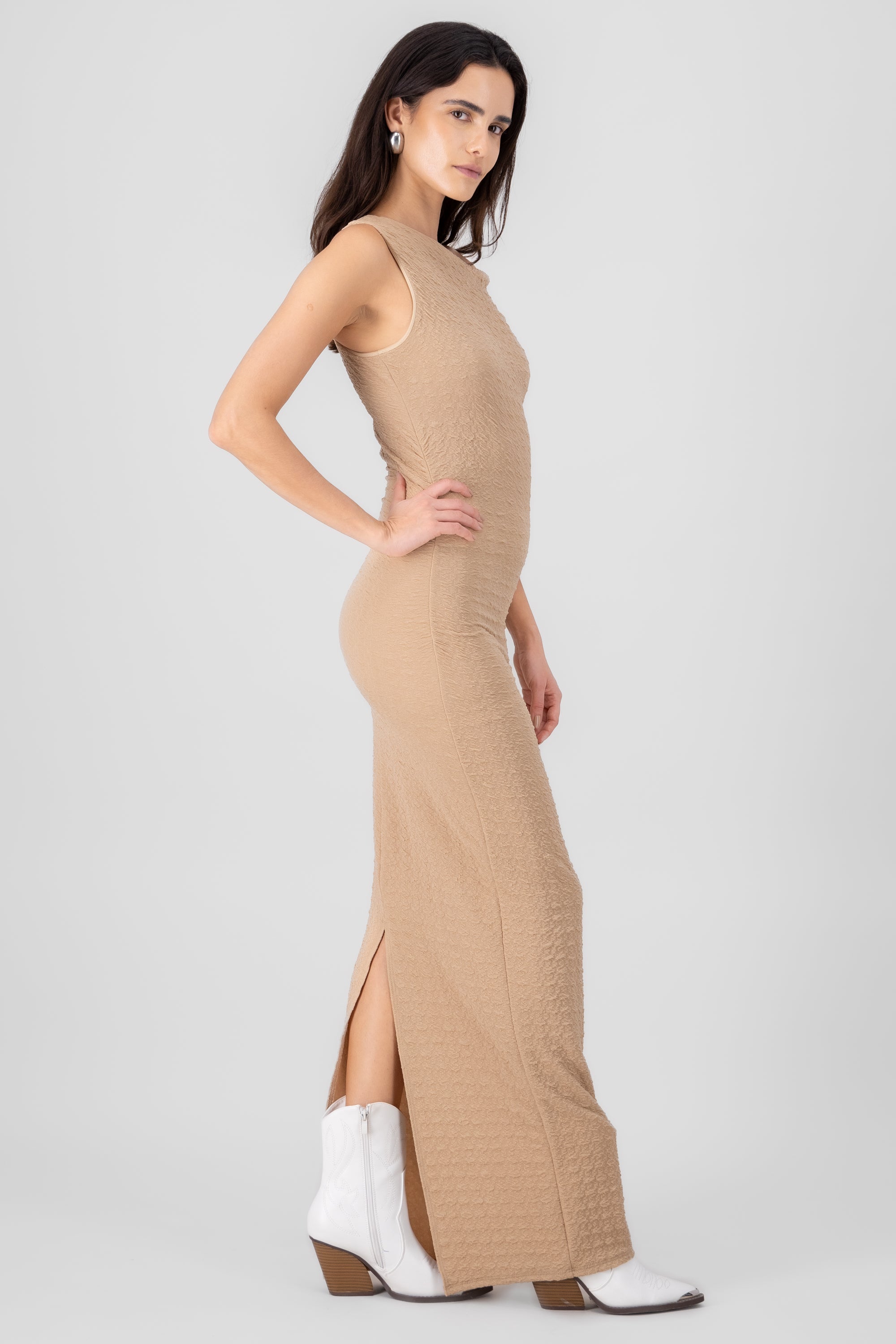 Textured Maxi Dress With Asymmetrical Sleeves KHAKI