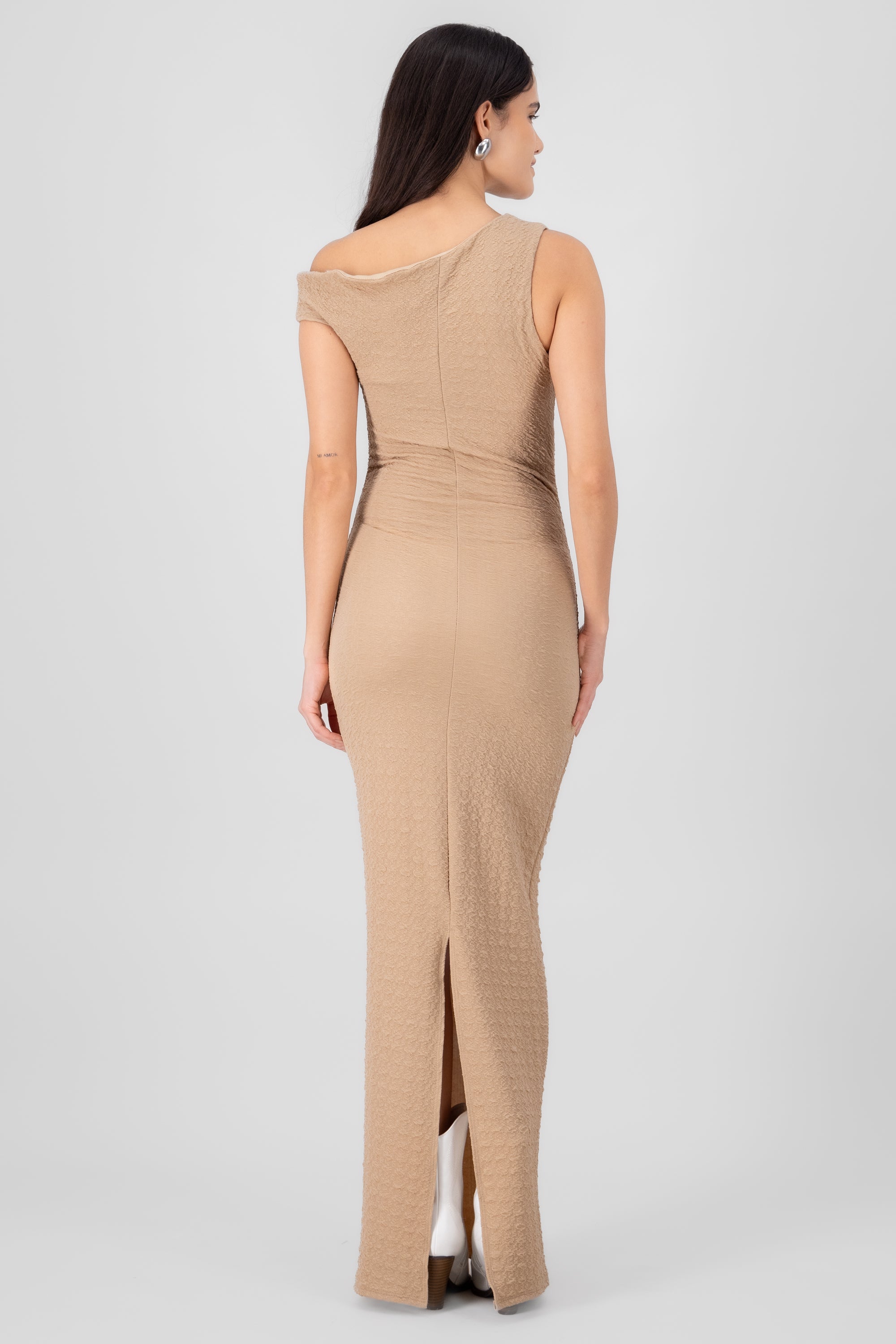 Textured Maxi Dress With Asymmetrical Sleeves KHAKI