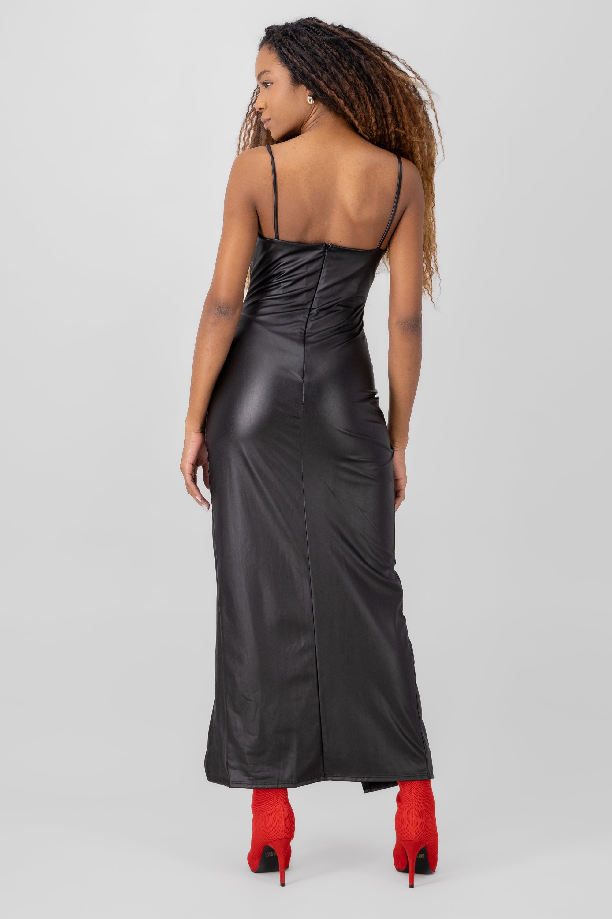 Crossover Faux Leather Maxi Dress BLACK