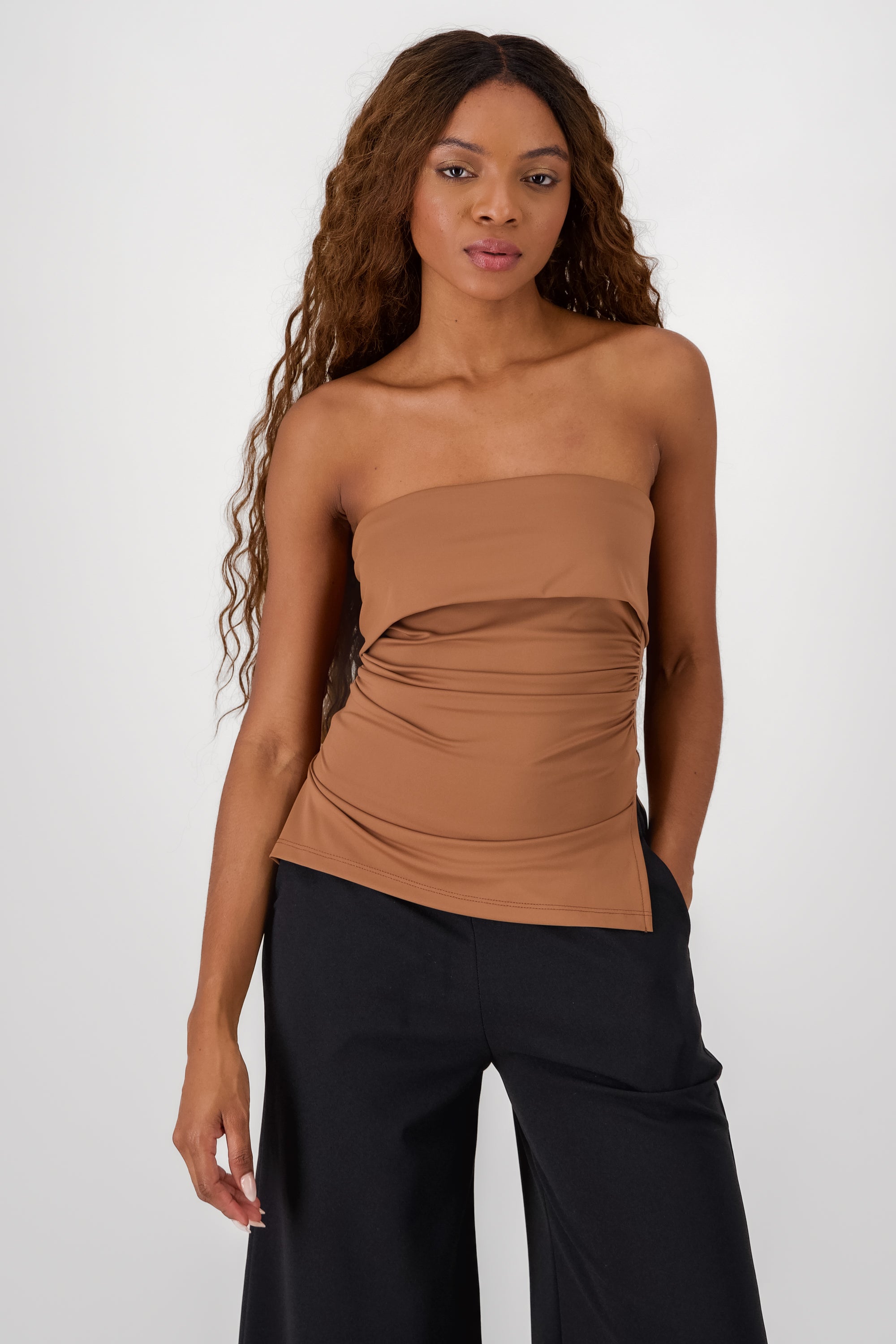 Double Neckline Tube Top BROWN