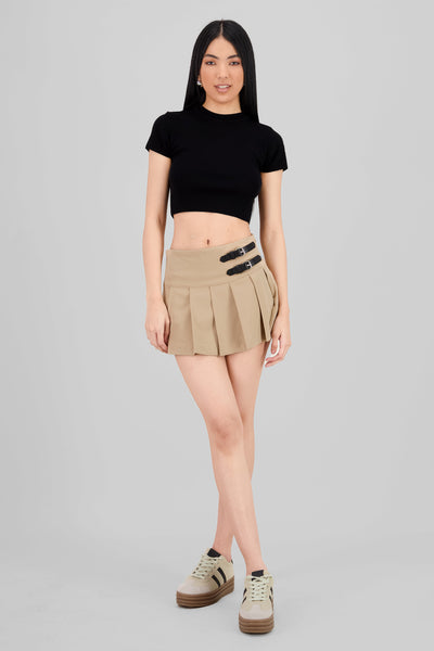 Solid Pleated Mini Skirt KHAKI