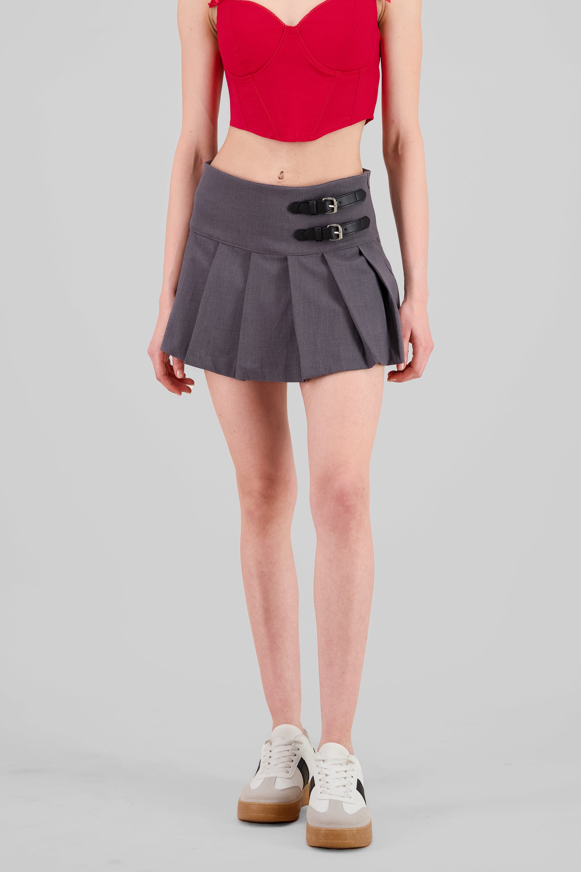 Solid Pleated Mini Skirt GRAY