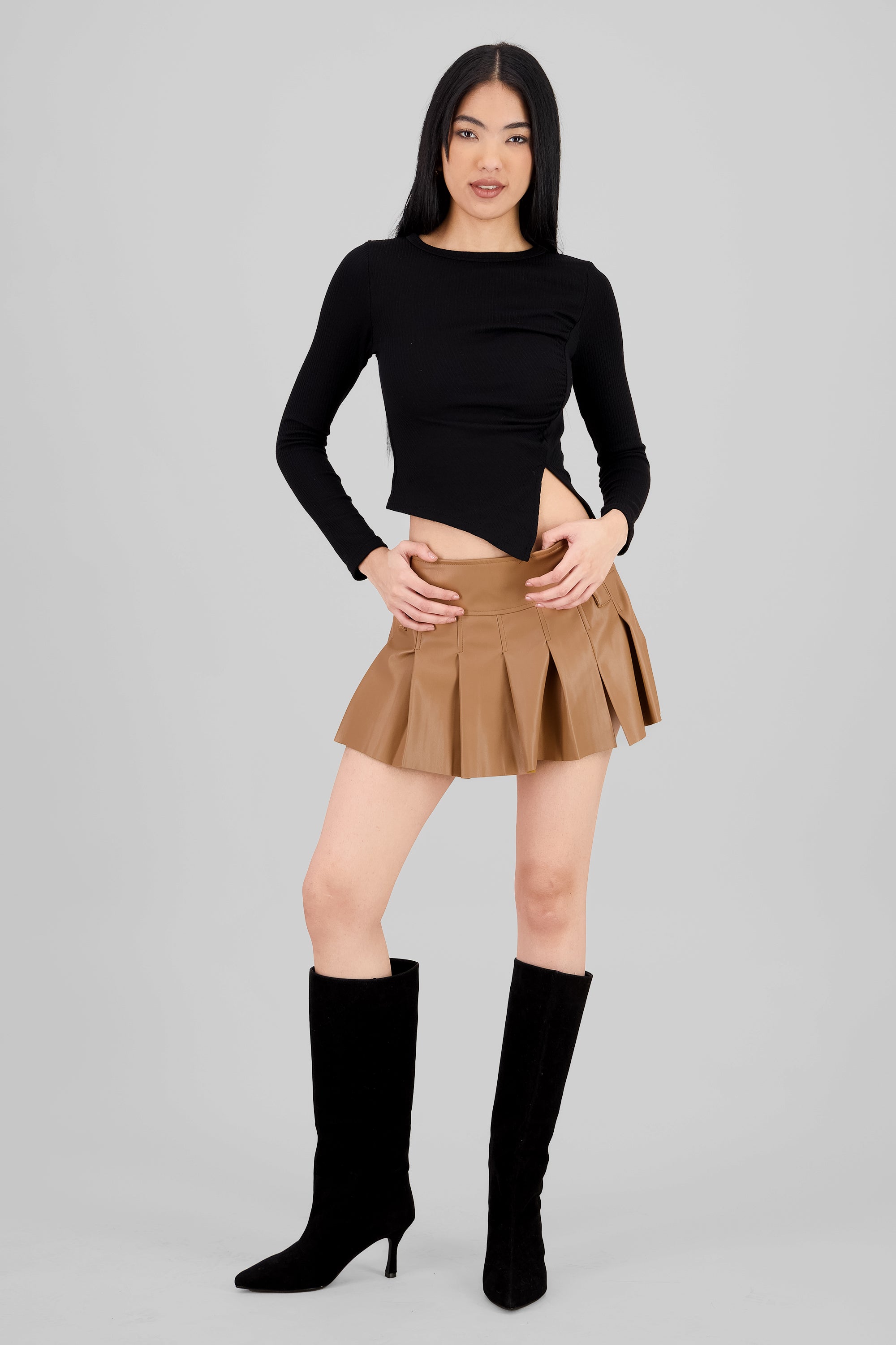 Solid Faux Leather Mini Skirt CAMEL