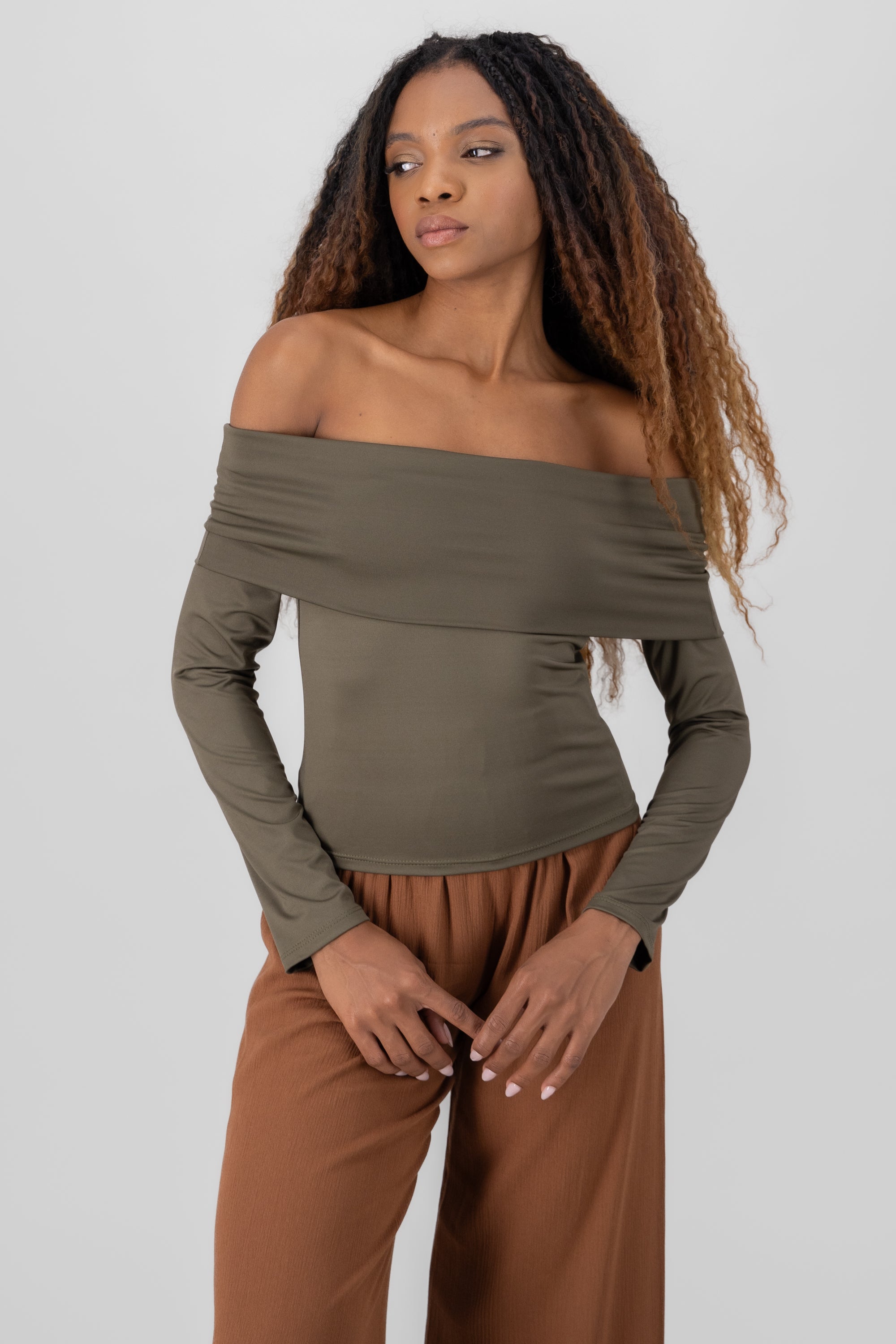 Off Shouder Long Sleeve Top OLIVE