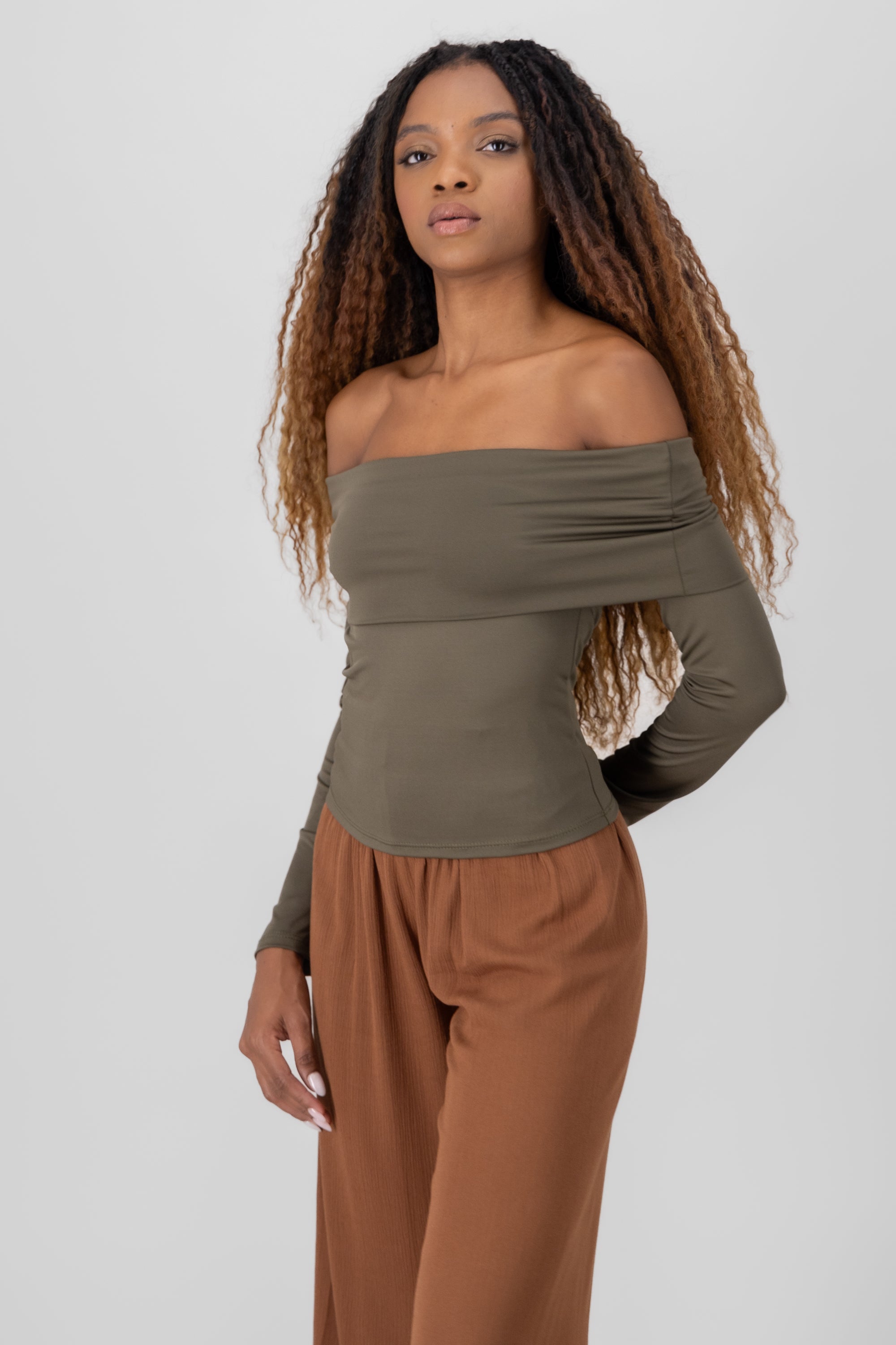 Off Shouder Long Sleeve Top OLIVE