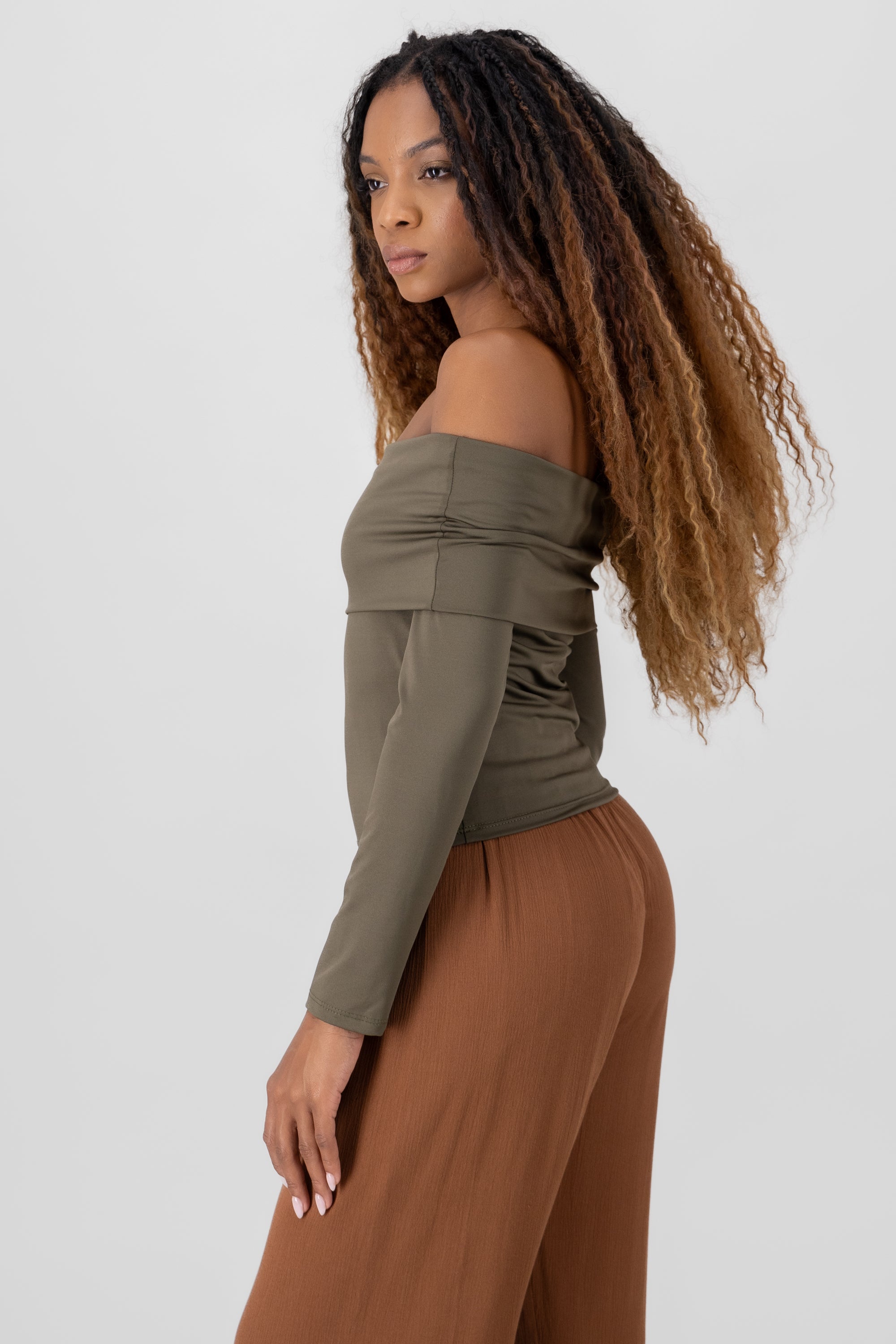 Off Shouder Long Sleeve Top OLIVE