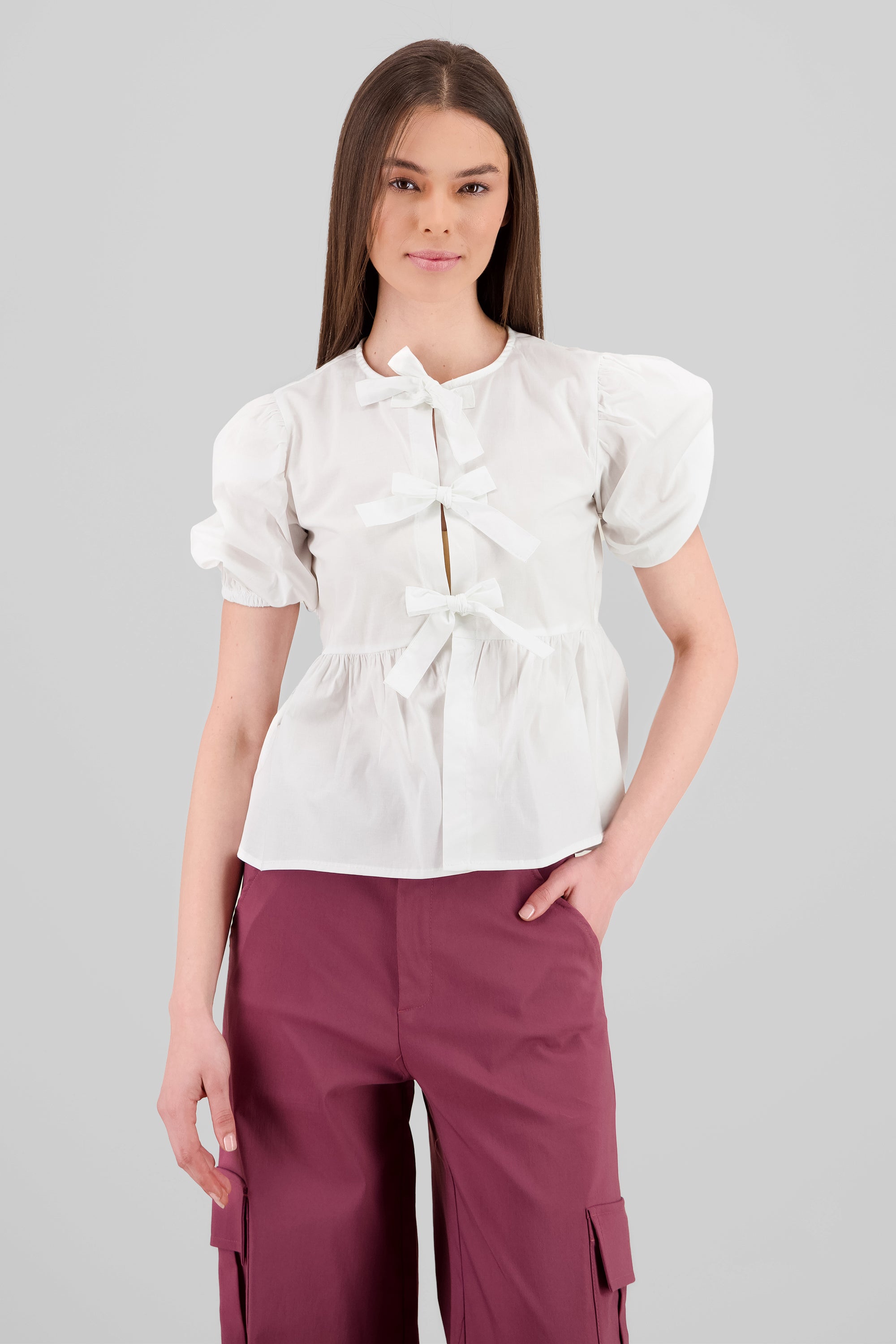 Puff Sleeve Blouse With Bow Detail WHITE