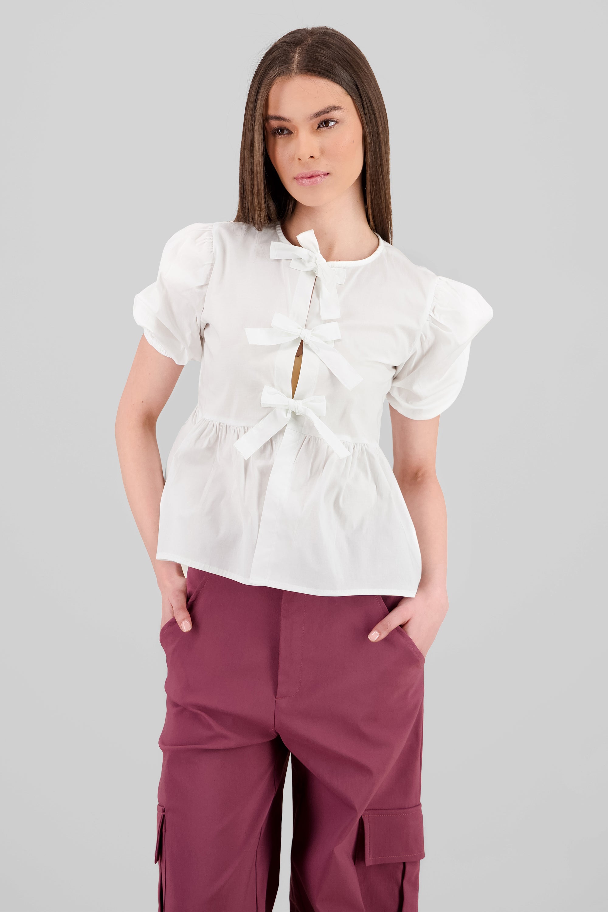 Puff Sleeve Blouse With Bow Detail WHITE