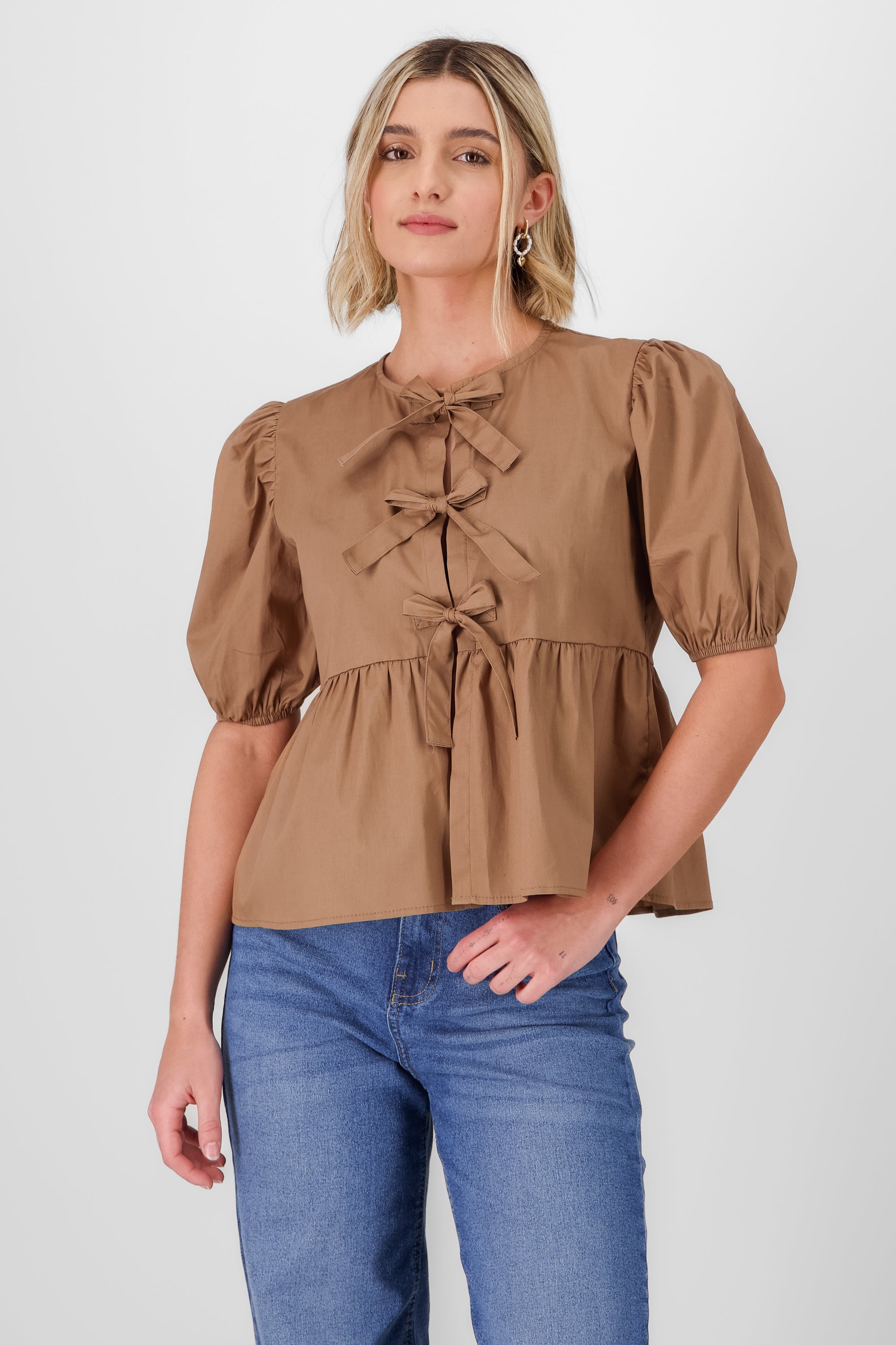 Puff Sleeve Blouse With Bow Detail KHAKI