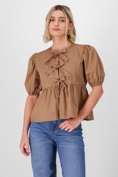 Puff Sleeve Blouse With Bow Detail TAN