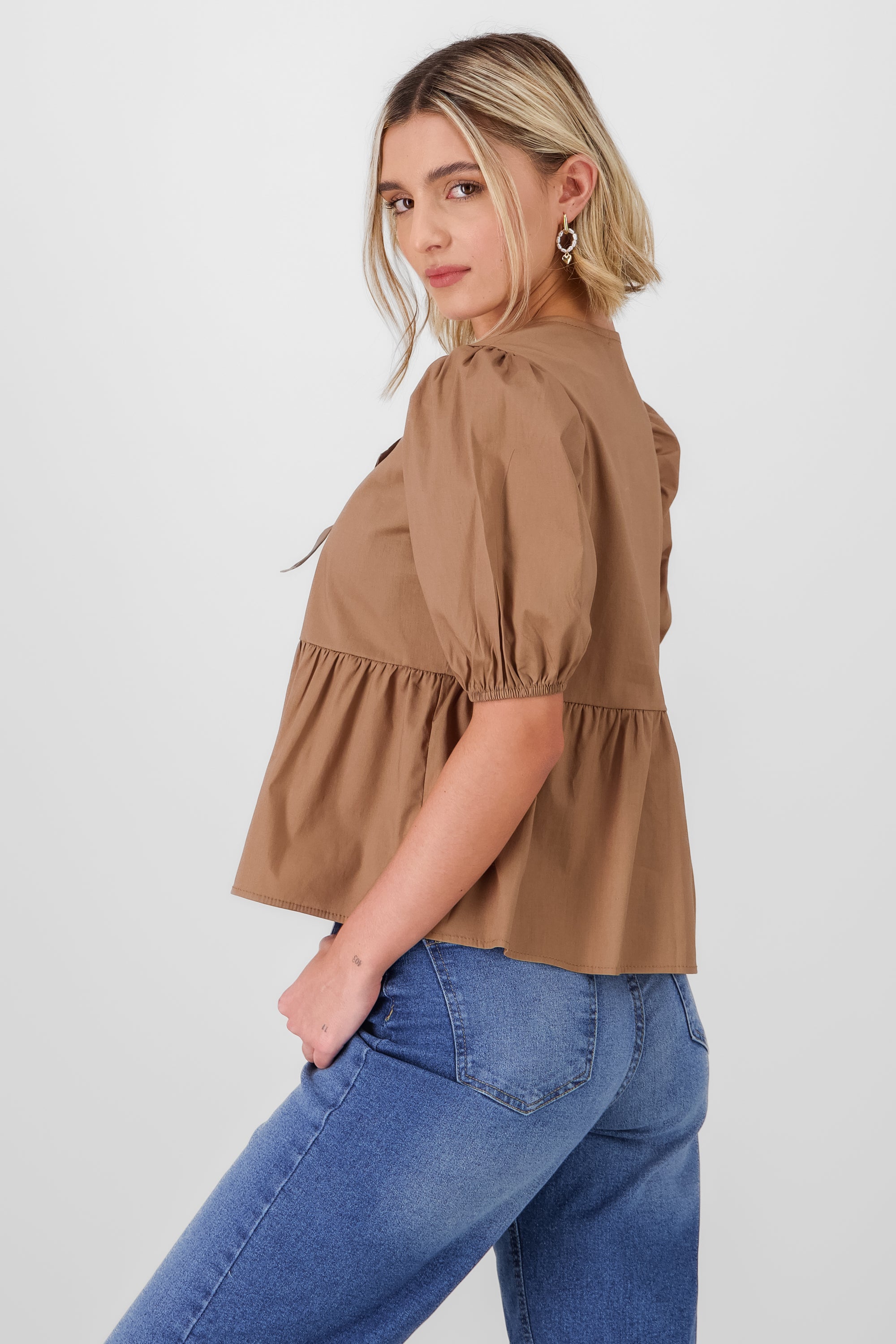 Puff Sleeve Blouse With Bow Detail KHAKI